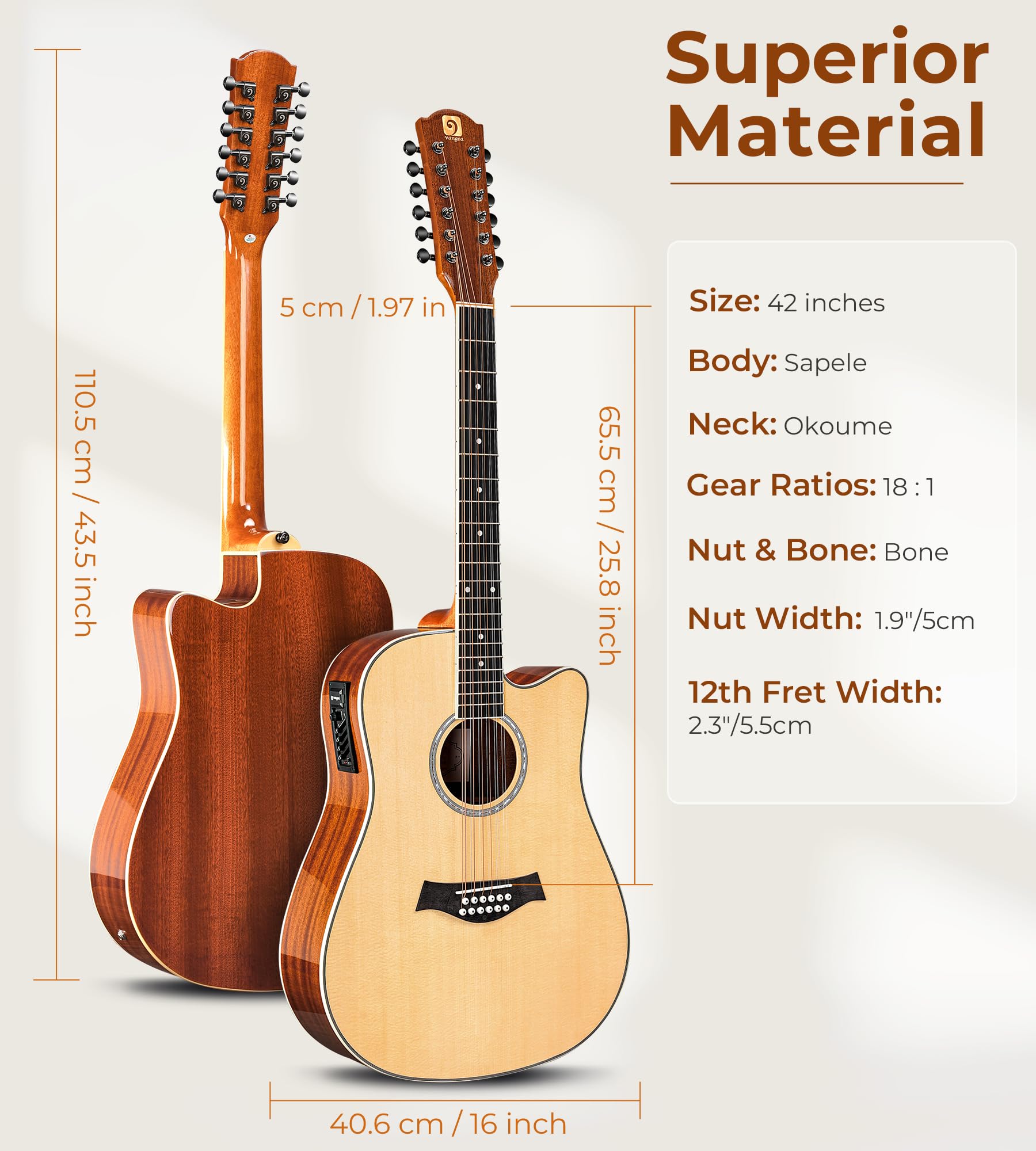Vangoa 12 String Acoustic Electric Guitar - Spruce Top, Sapele Body, Bone Nut, Natural Gloss Finish | Perfect for Performances, Recording & Live Shows