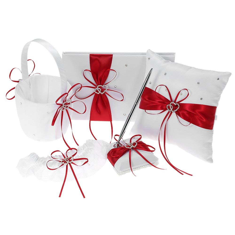 5-Piece Red Wedding Accessories Set - Flower Girl Basket, Guest Book Pen, Ring Pillow & Garter - Perfect for Wedding Ceremonies, Bridal Showers & Reception Decor