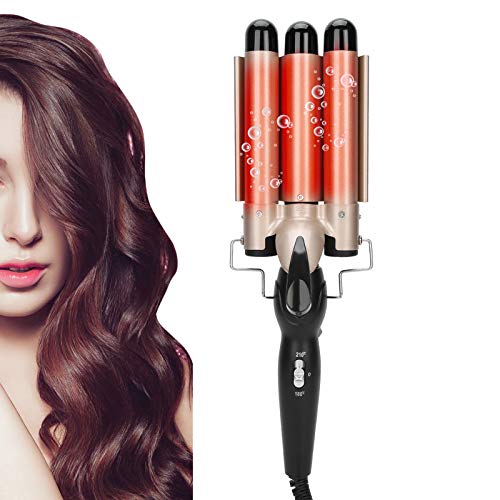 3 Barrel Ceramic Curling Iron - Triple Barrel Hair Curler with Adjustable Temperature & Tourmaline Technology for Beach Waves, Loose Curls & Tight Ringlets - Perfect for Home Styling, Weddings & Special Occasions (Gold)