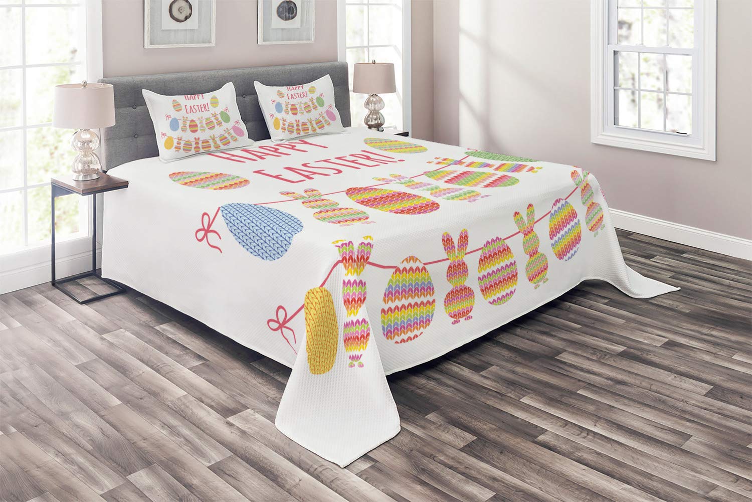 Ambesonne Easter Bunny Quilt Set - Happy Easter Typography with Colorful Eggs & Rabbit Bunting Design, 3-Piece King Size Knitted Look Bedspread with 2 Pillow Shams, Multicolor - Perfect for Easter Decorations, Spring Bedroom Makeover & Cozy Holiday Home Styling