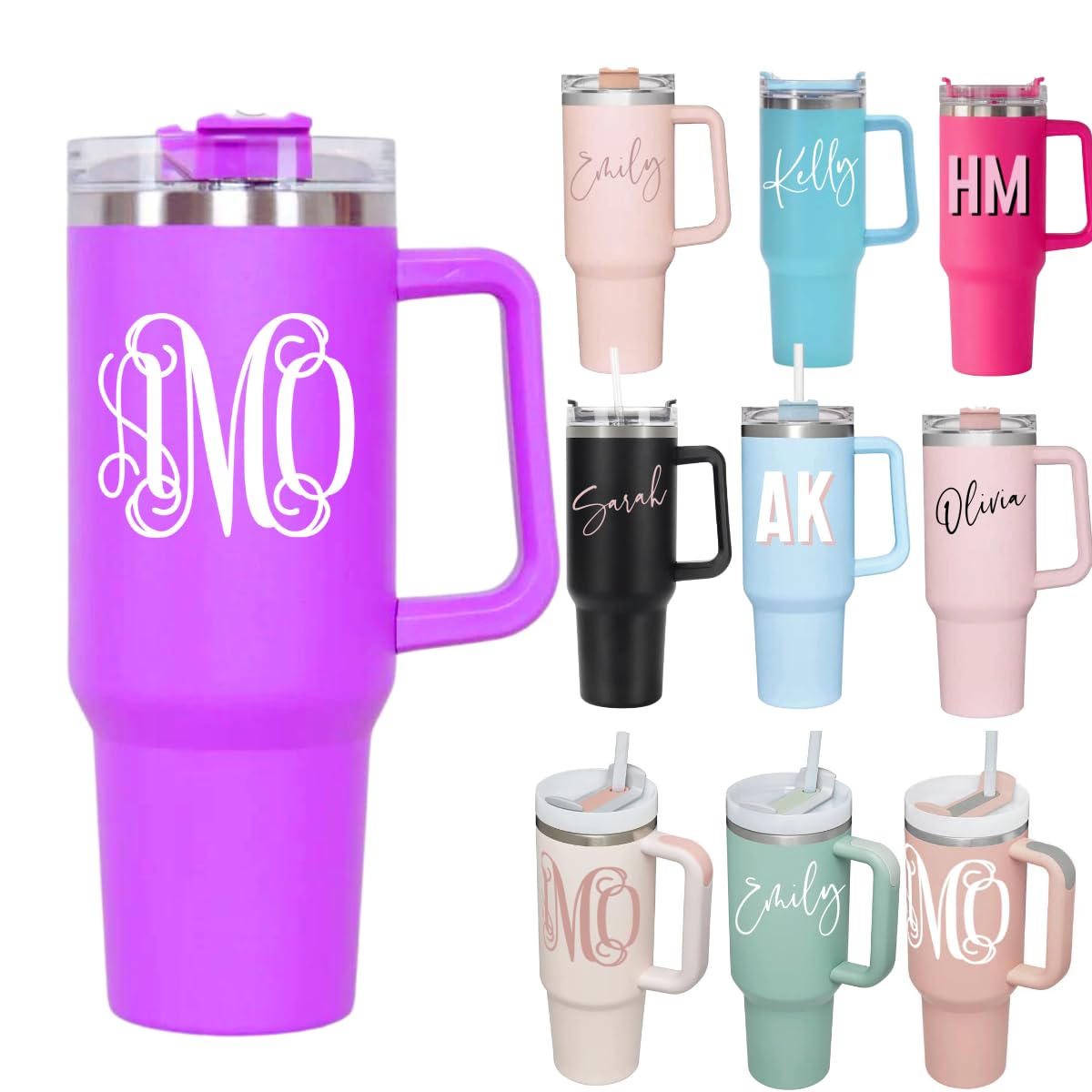 40 oz Insulated Tumbler with Handle & Straw - Custom Personalized Stainless Steel Water Bottle for Women - Beach, Gym, Office, Travel - Great Gift Idea (Purple, Engraved Name Option)