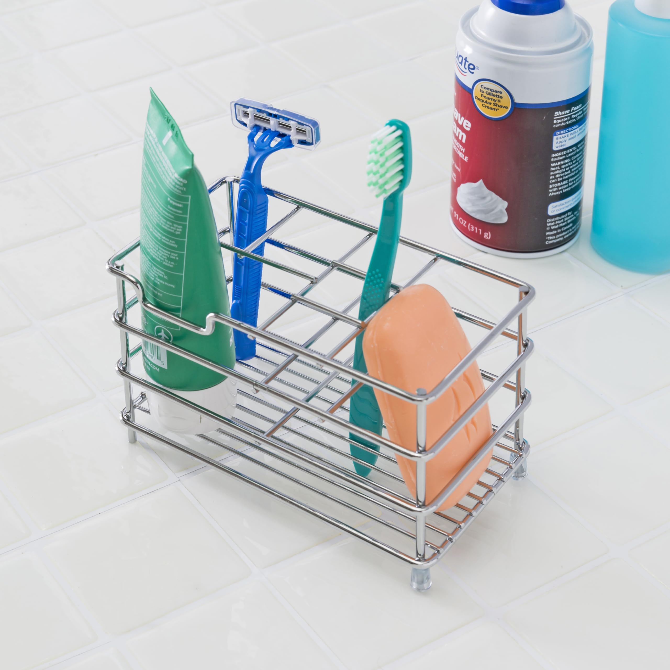 Home Basics Steel Open Wire Toothbrush Holder & Toothpaste Stand - Chrome Bathroom Organizer with Non-Slip Feet | Perfect for Small Spaces, Vanity Countertops & Travel