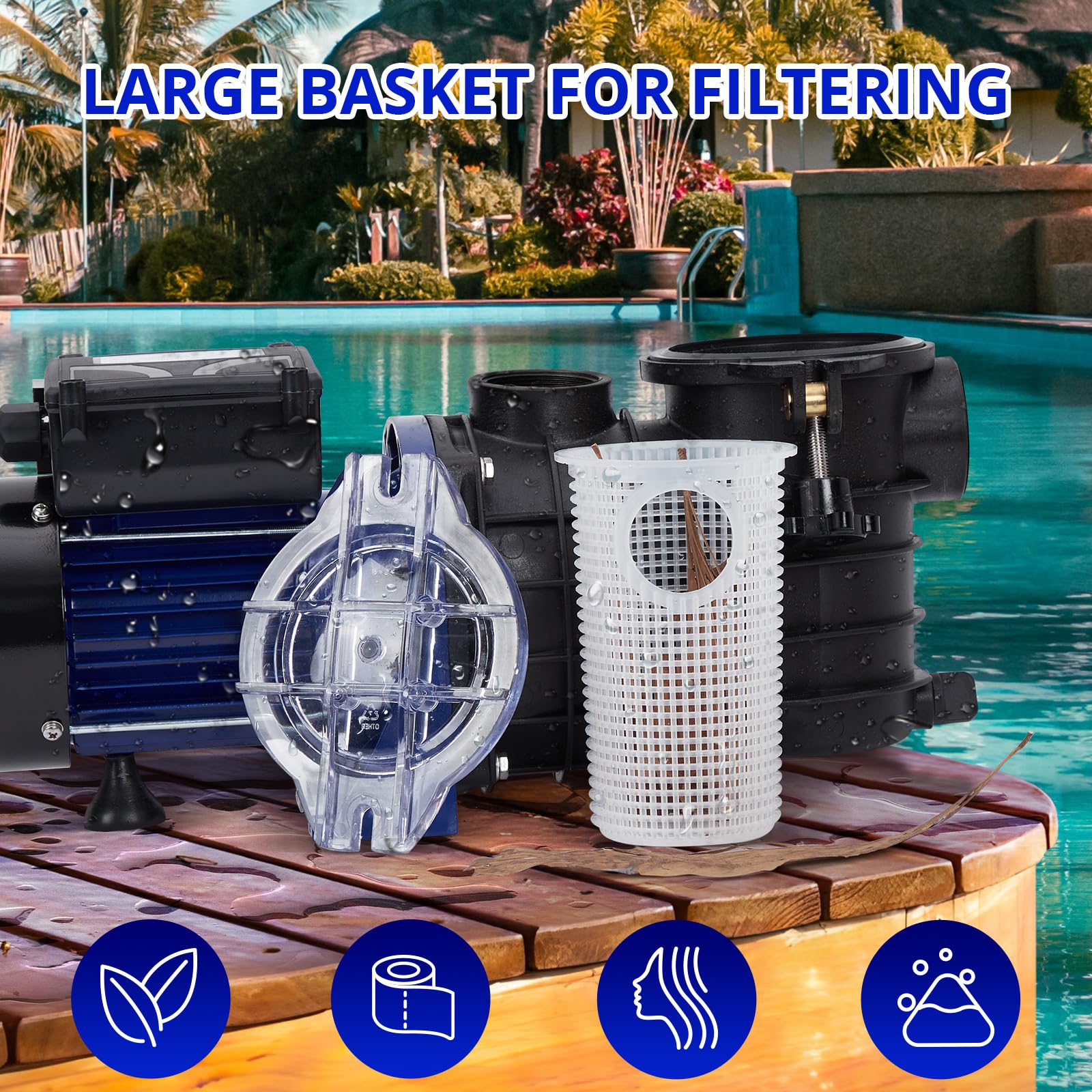 0.75HP In-Ground & Above Ground Single Speed Pool Pump - 550W/115V, 2641GPH High Flow Swimming Pool Pump with Filter Basket - Self-Priming, Low Noise, Durable - Perfect for Backyard Pools, Spa Maintenance & Water Circulation