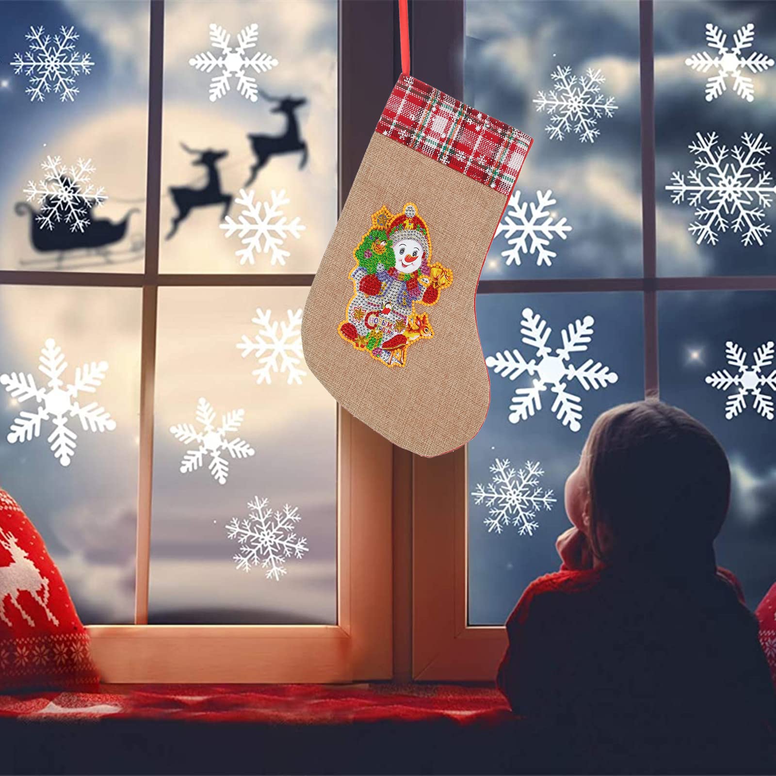 LUSandy DIY 5D Diamond Painting Kit - Christmas Stockings 12.2 Inch with Snowman and Elk Design, Luminous Diamond Art Candy Bag for Xmas Fireplace Hanging, Perfect for Family Holiday Decorations, Christmas Party, Home Decor and Gift Giving
