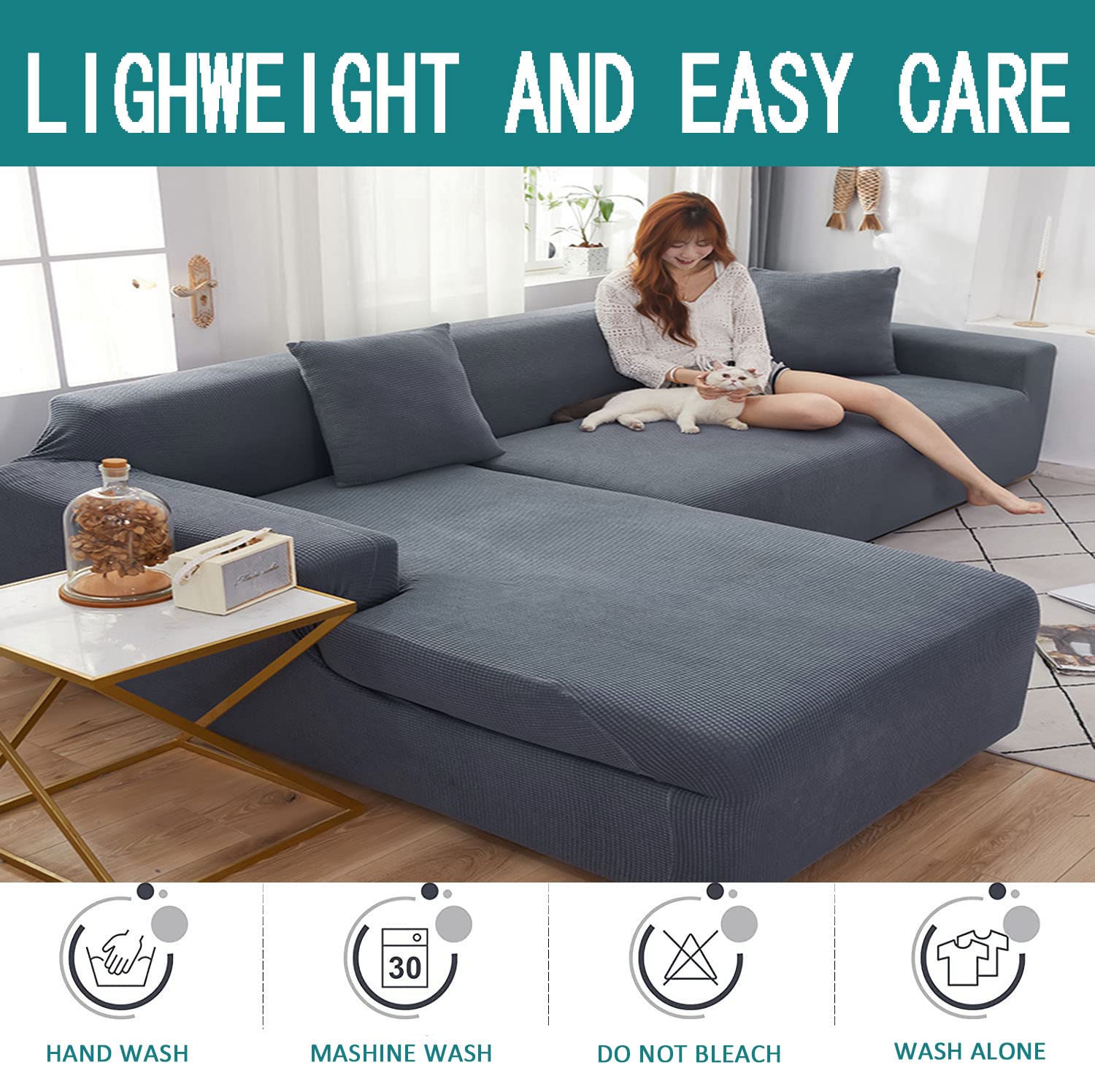 YOPOIY L-Shaped Sofa Cover - Spandex Super Soft Stretch Sectional Couch Cover for Living Room, Anti-Slip Pet-Friendly Furniture Protector - White (3+3 Seater) - Perfect for Home Decor & Pet Owners