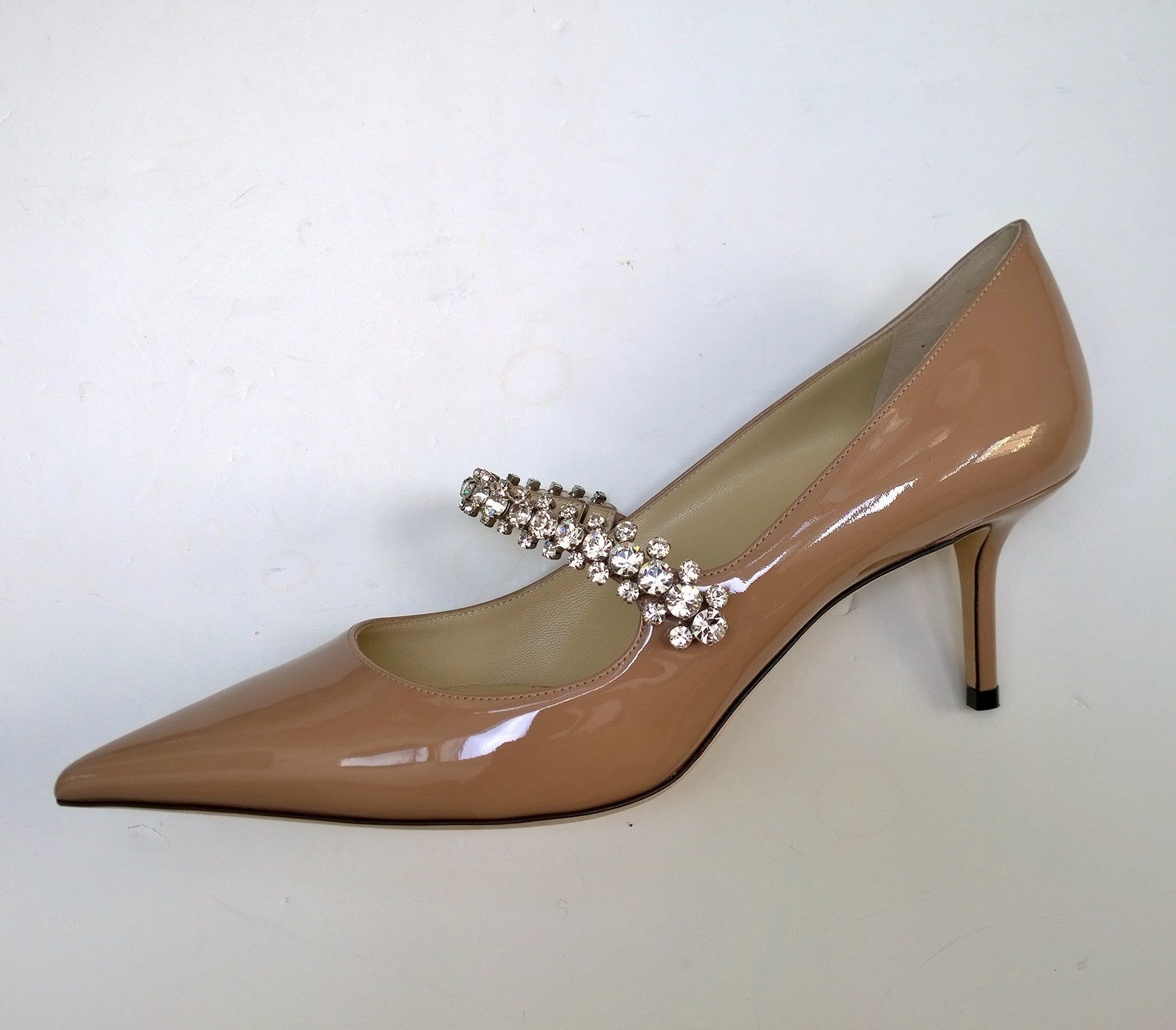 Jimmy Choo Bing 65mm Nude Patent Leather Rhinestone Strap Heels - Women's Luxury High Heel Pumps for Parties, Weddings & Evening Events (New in Box)