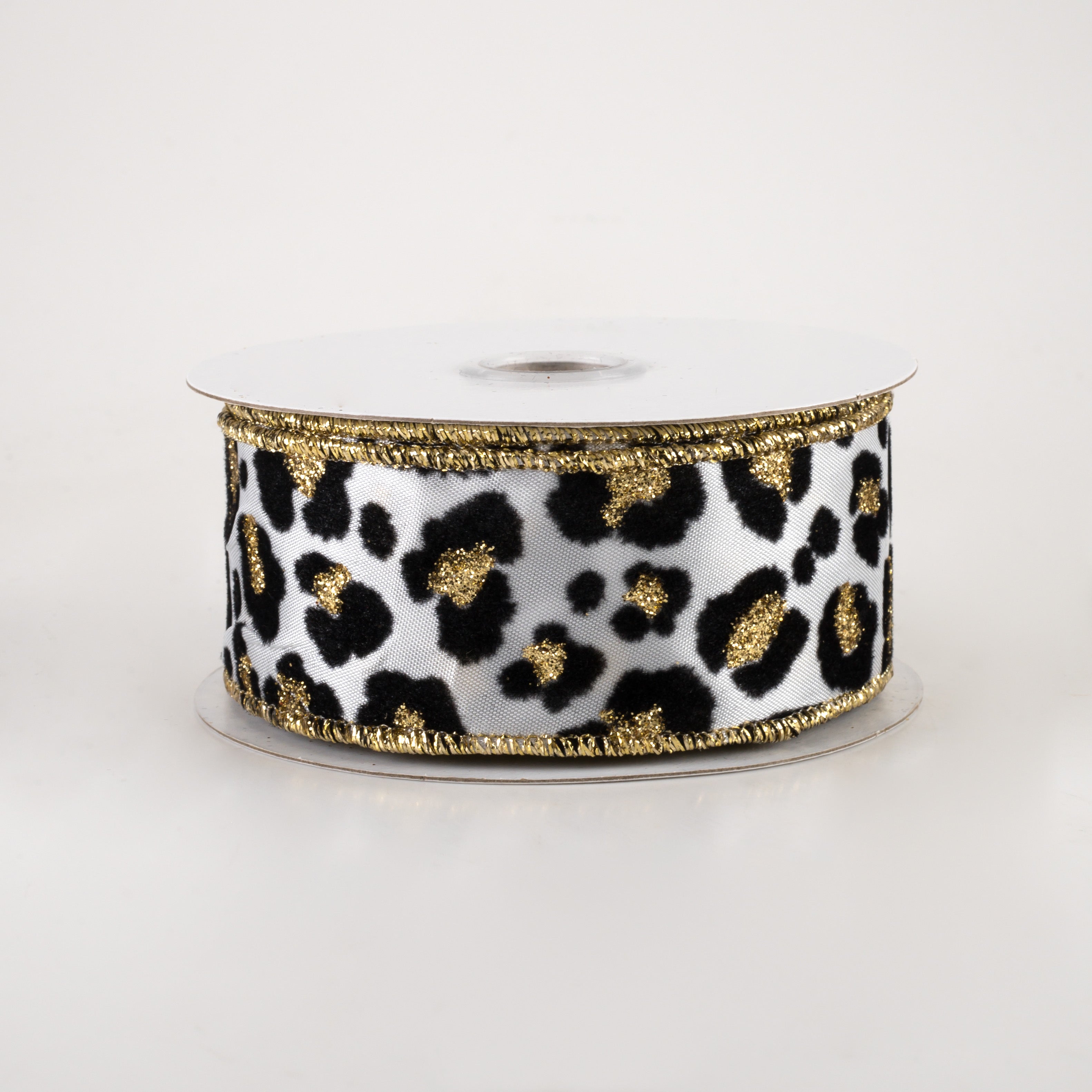1.5 Inch Flocked Cheetah Print Satin Ribbon - White, Black, Gold (10 Yards) for Gift Wrapping, Hair Bows, DIY Crafts and Party Decorations