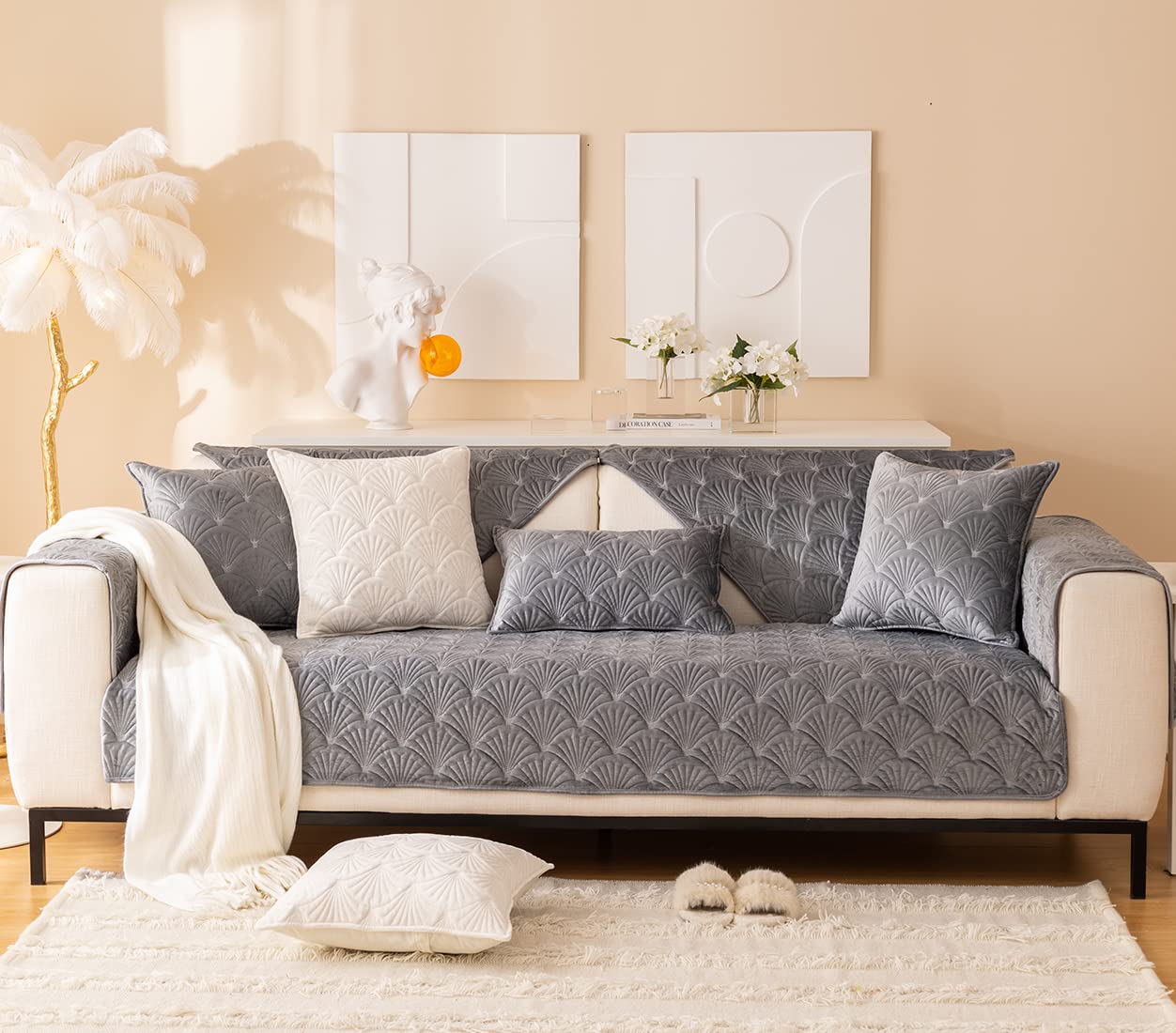 Super Soft Velvet Quilted Sofa Cover - Non-Slip Sectional Couch Protector with Leaf Pattern, Plush Furniture Slipcover for Pets & Kids (Grey B, 36