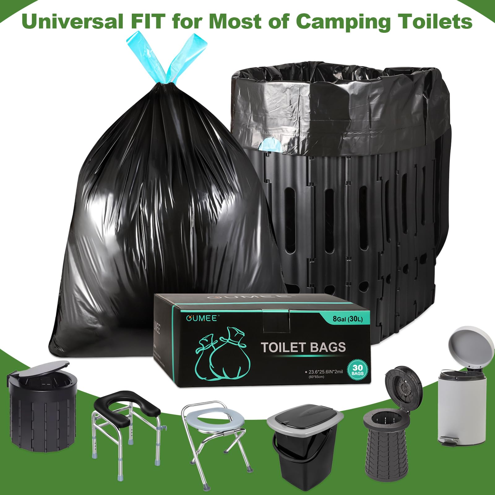 8 Gallon Portable Toilet Bags - Leak Proof Camping Toilet Waste Bags & Potty Liners for Outdoor, RV, Travel - Ideal for Camping, Hiking, Road Trips and Emergency Preparedness