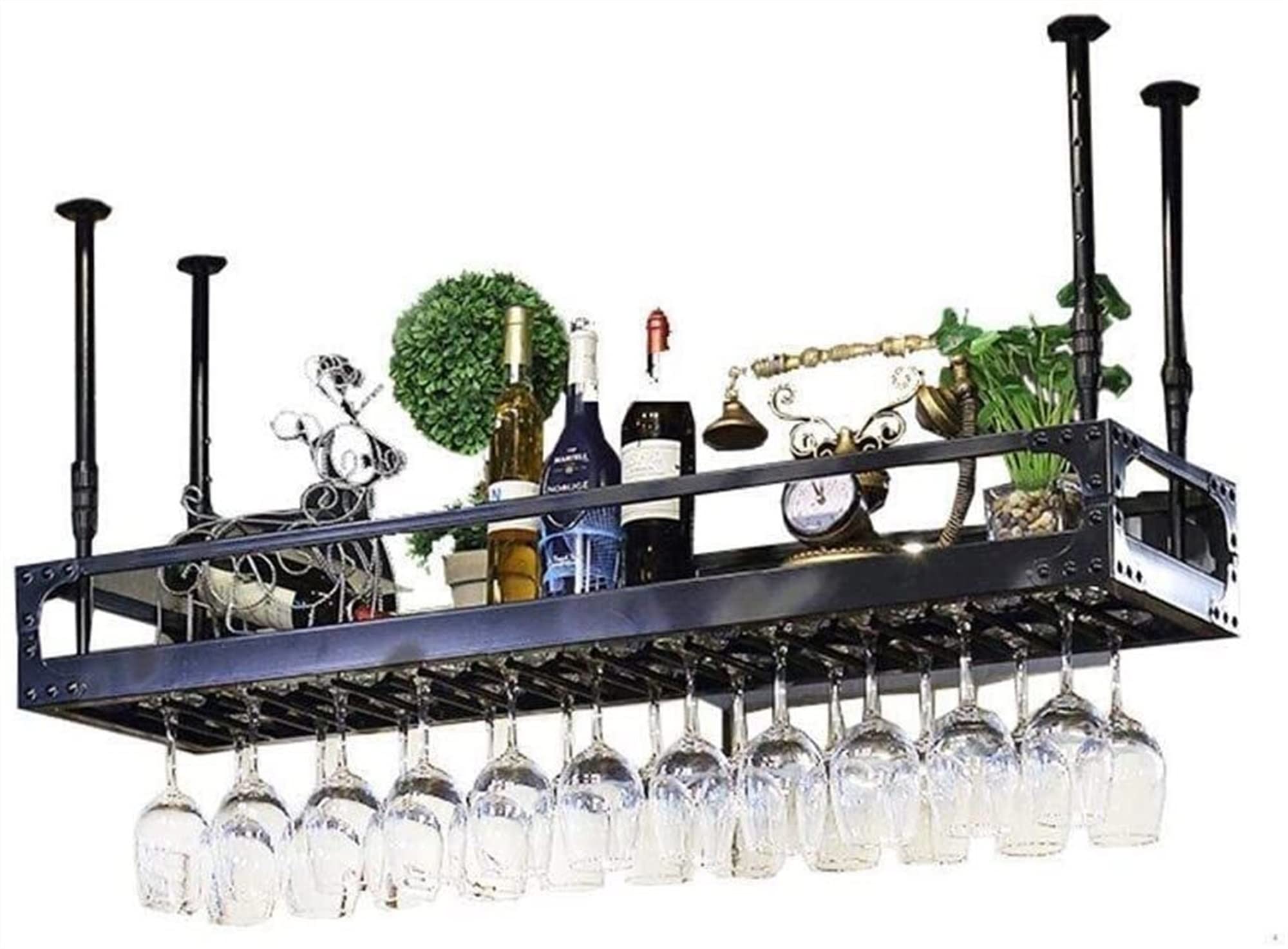 Premium PUFAN Double-Tier Hanging Wine Bottle Rack - Metal Steel Wine Storage Holder for Ceiling Mount - Perfect for KTV, Bars & Home Decor - Holds Wine Bottles, Glasses & Goblets - Space-Saving Wine Display Solution