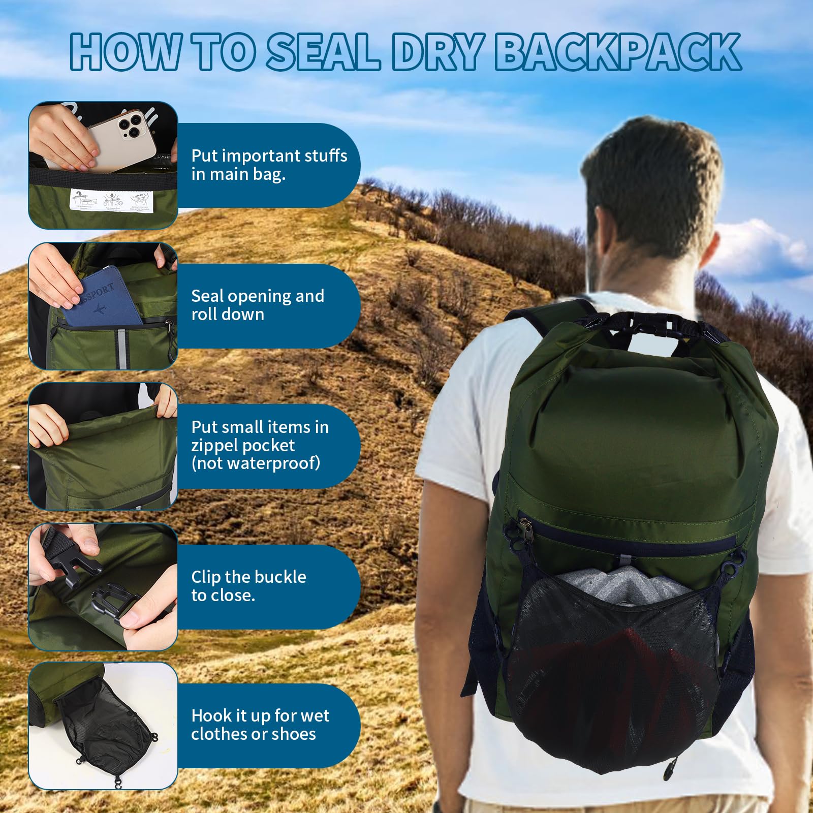 **20L Waterproof Dry Bag Backpack for Kayaking, Beach, Rafting & Camping – Lightweight, Durable with Waist Pouch & Phone Case – Ideal for Outdoor Adventures (Green)**