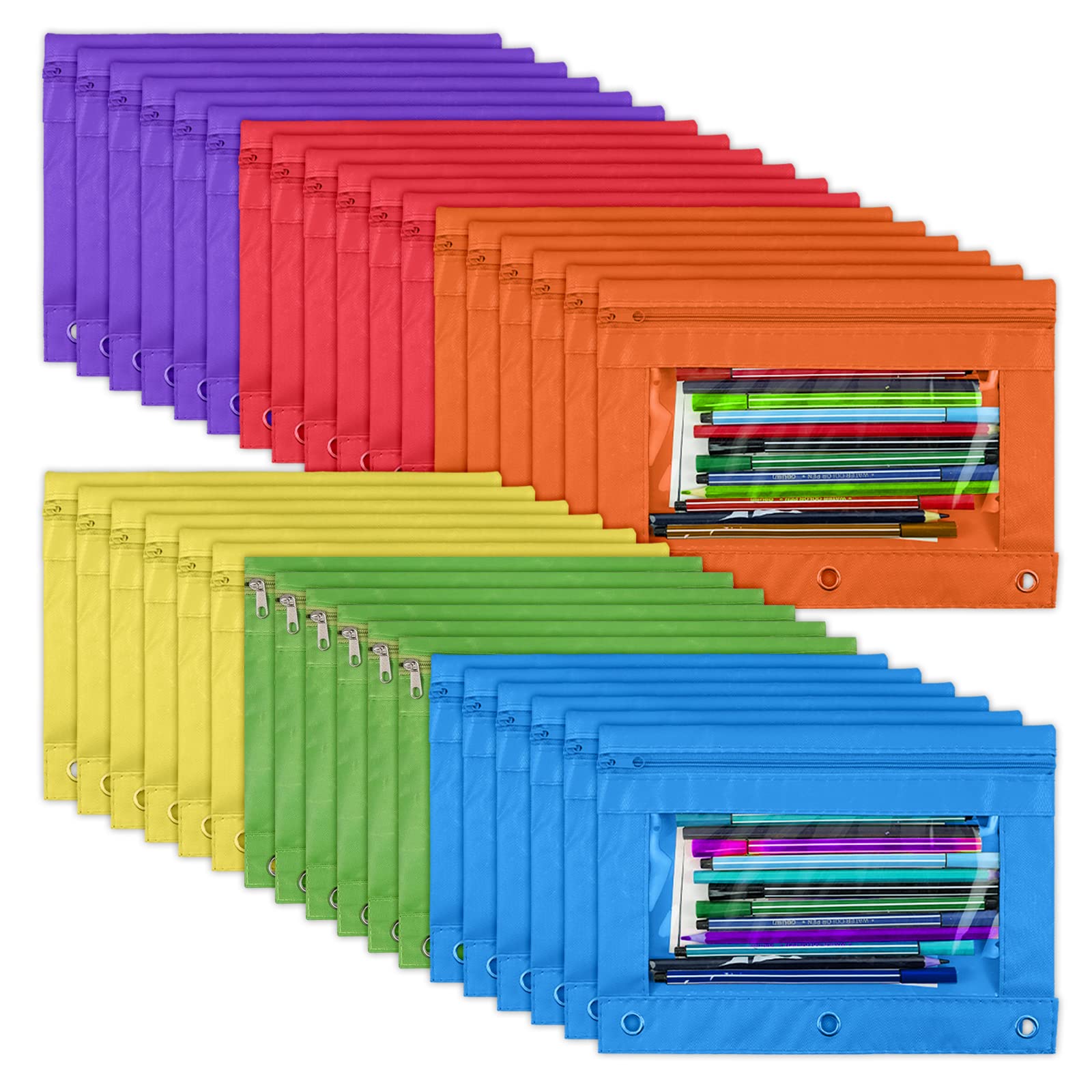 YoeeJob 36 Pack 3 Ring Binder Pencil Pouch with Clear Window - Bulk Zipper Pencil Cases for School, Office & College Supplies (6 Colors: Purple, Red, Orange, Yellow, Green, Sky Blue) - Perfect for Organizing Pens, Markers & Stationery in Classroom, Work or Home Office