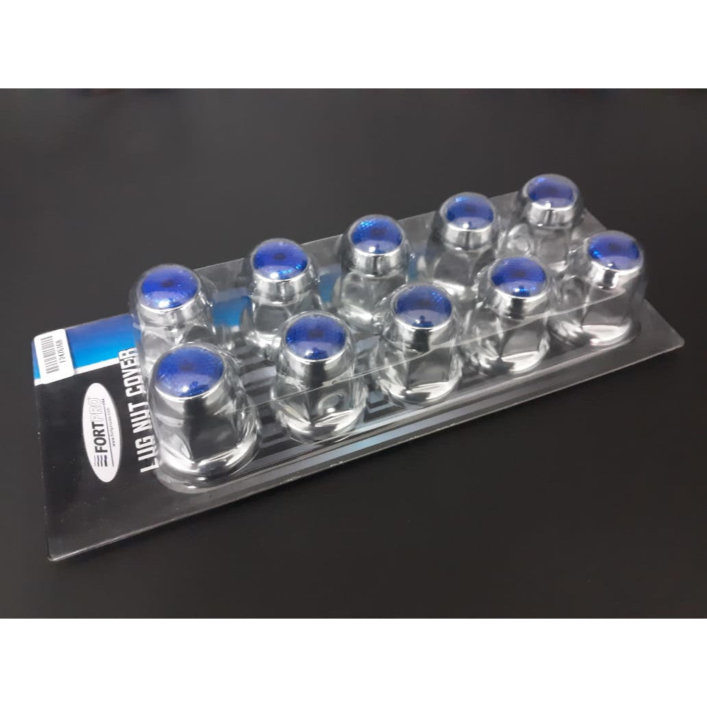 Fortpro 33mm x 2 1/8 Inch Chrome Push-On Nut Covers with Blue Top Reflector - 10 Pack (F247616 B 10QTY) | Wheel Accessories for Trucks, Trailers & Motorcycles - Weatherproof & Durable Design