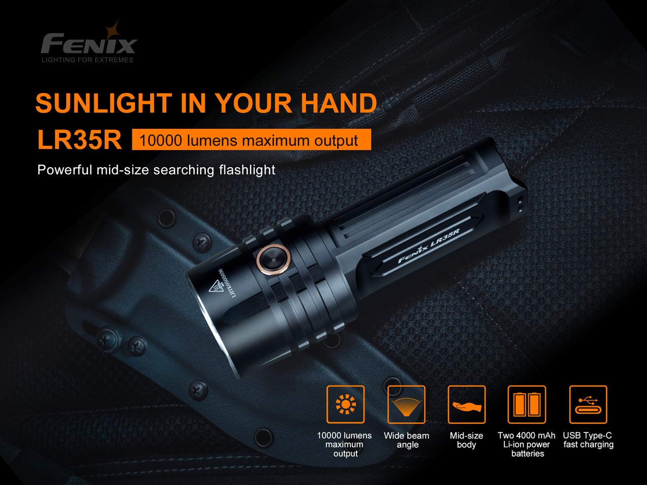 Fenix LR35R 10000 Lumen Rechargeable Tactical Flashlight with 2 Li-ion Batteries & Carrying Case - High Power LED Flashlight for Camping, Hiking, Emergency & Outdoor Adventures