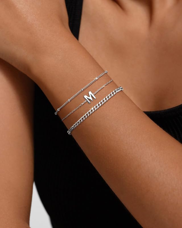 3 Pcs 14K Gold Plated Initial Bracelets for Women - Stackable Letter Charm A-Z Monogram Jewelry Set, Anti Tarnish Silver & Gold Bracelet Gift for Her - Perfect for Birthday, Anniversary, Valentine's Day Gifts