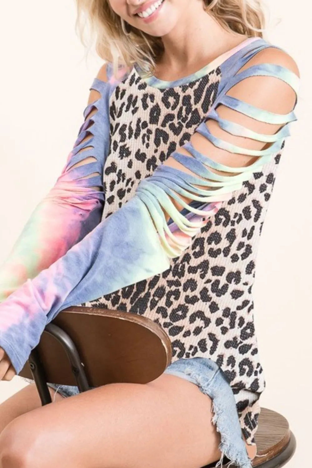 Bibi Leopard Print Thermal Top with Tie Dye Laser Cut Sleeves - Women's Pastel Tie Dye Long Sleeve Shirt for Winter Warmth, Casual Outfits & Streetwear Fashion