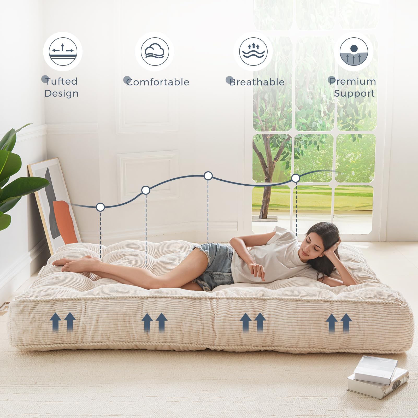 MAXYOYO 8 Inch Tufted Futon Sofa Bed - Thick Corduroy Fabric Floor Mattress for Adults (Mattress Only), Beige - Perfect for Small Spaces, Guest Rooms & Dorm Rooms