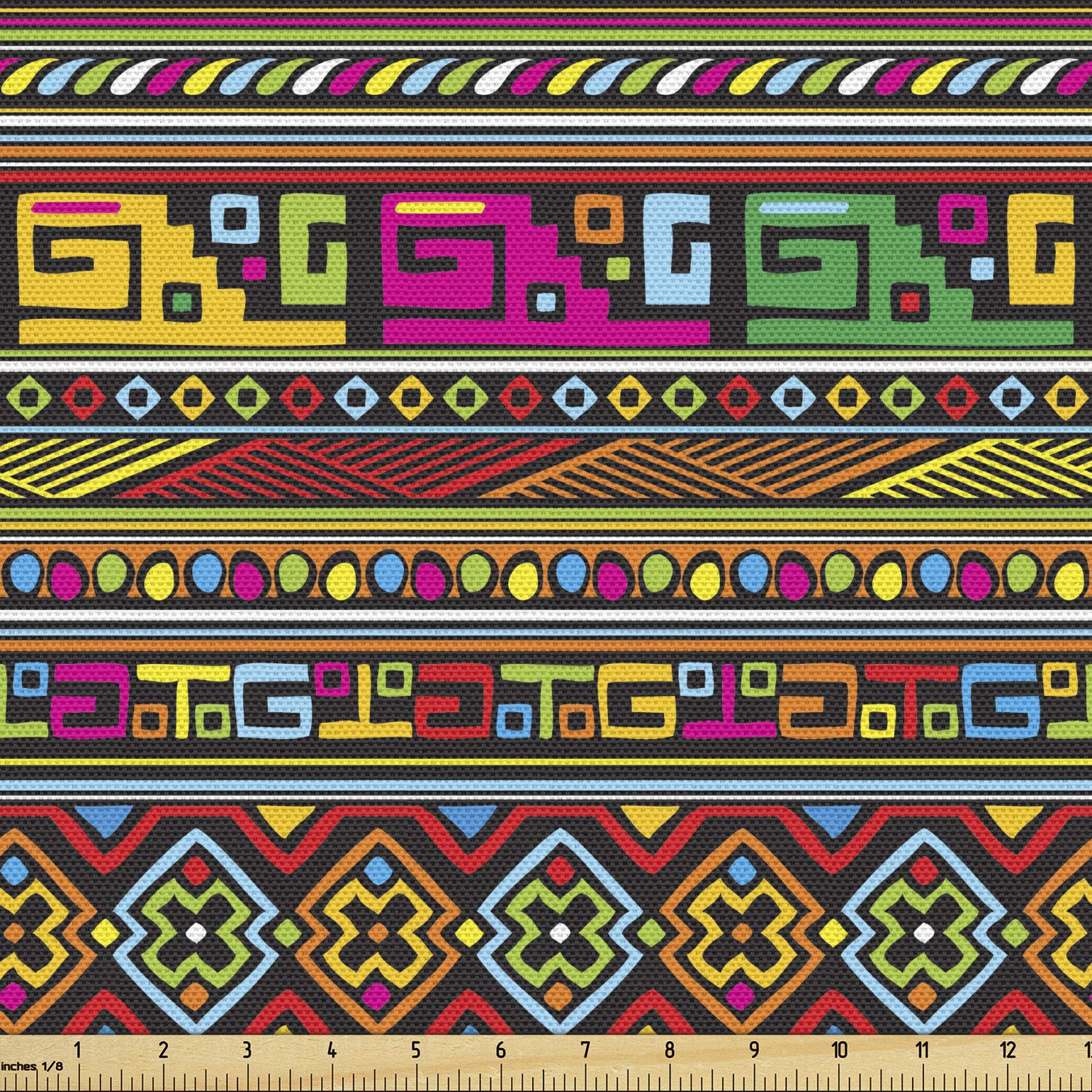 Ambesonne African Fabric by The Yard - Vibrant Geometric Indigenous Culture Art Design for Upholstery, Curtains & Home Decor | 10 Yards Multicolor Cotton Textile | Perfect for DIY Projects, Pillow Covers & Bohemian Style Decorations