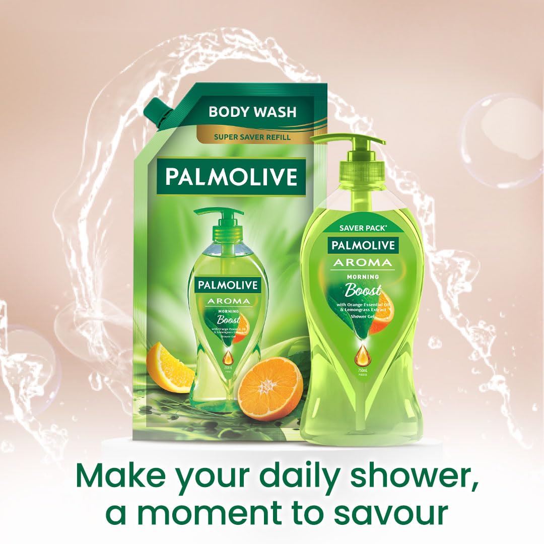 Palmolive Aroma Morning Boost Body Wash for Women & Men - 750ml Shower Gel Refill Pack with 100% Natural Citrus Essential Oil & Lemongrass Extracts | pH Balanced, Paraben & Silicone Free | Energizing Morning Shower for Soft, Smooth Skin | Perfect for Daily Use at Home, Gym, or Travel
