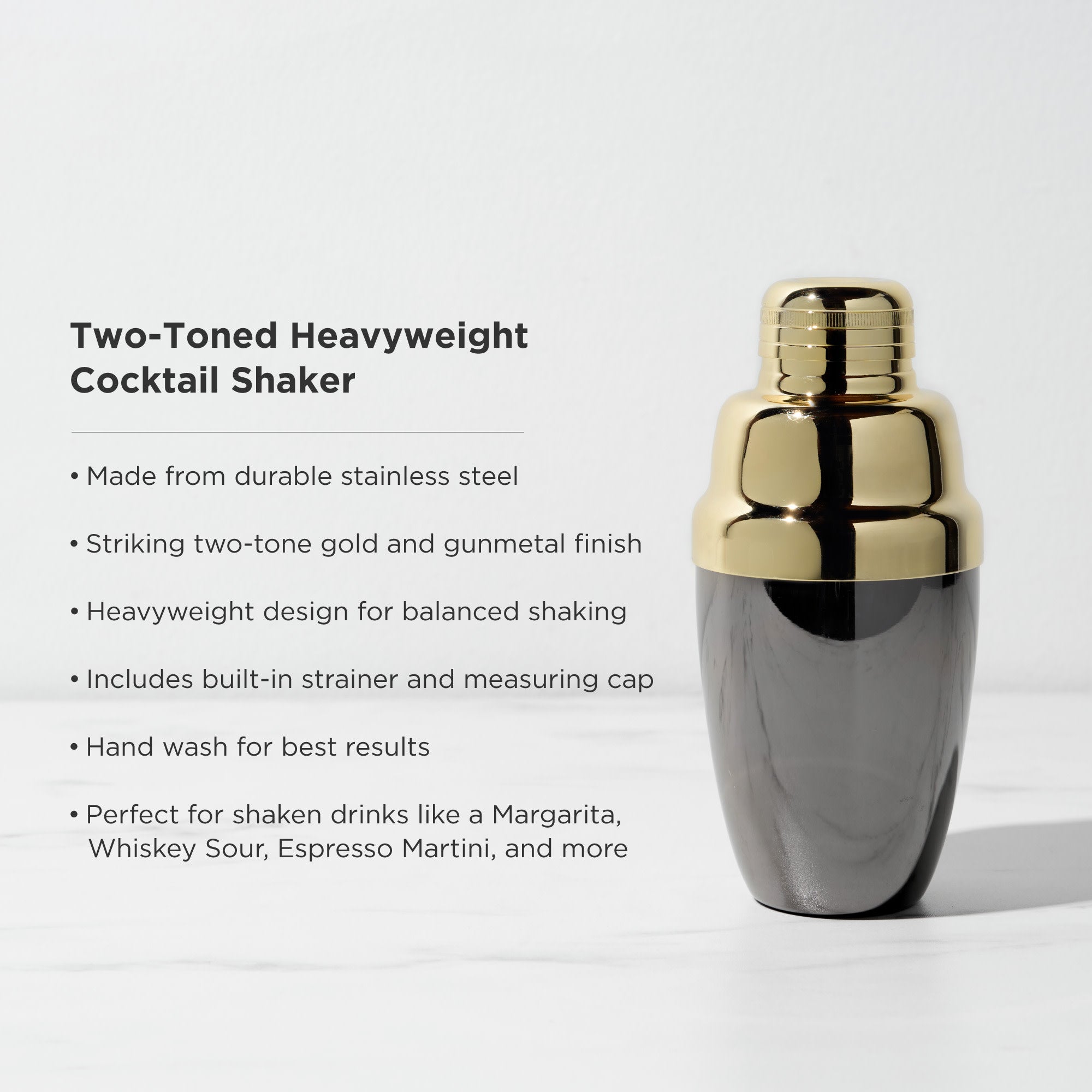 Premium Heavyweight Cocktail Shaker Set - 28oz Stainless Steel Bar Mixing Kit with Strainer & Lid (Elegant Black & Gold) - Perfect for Home Bars, Professional Bartending & Cocktail Parties