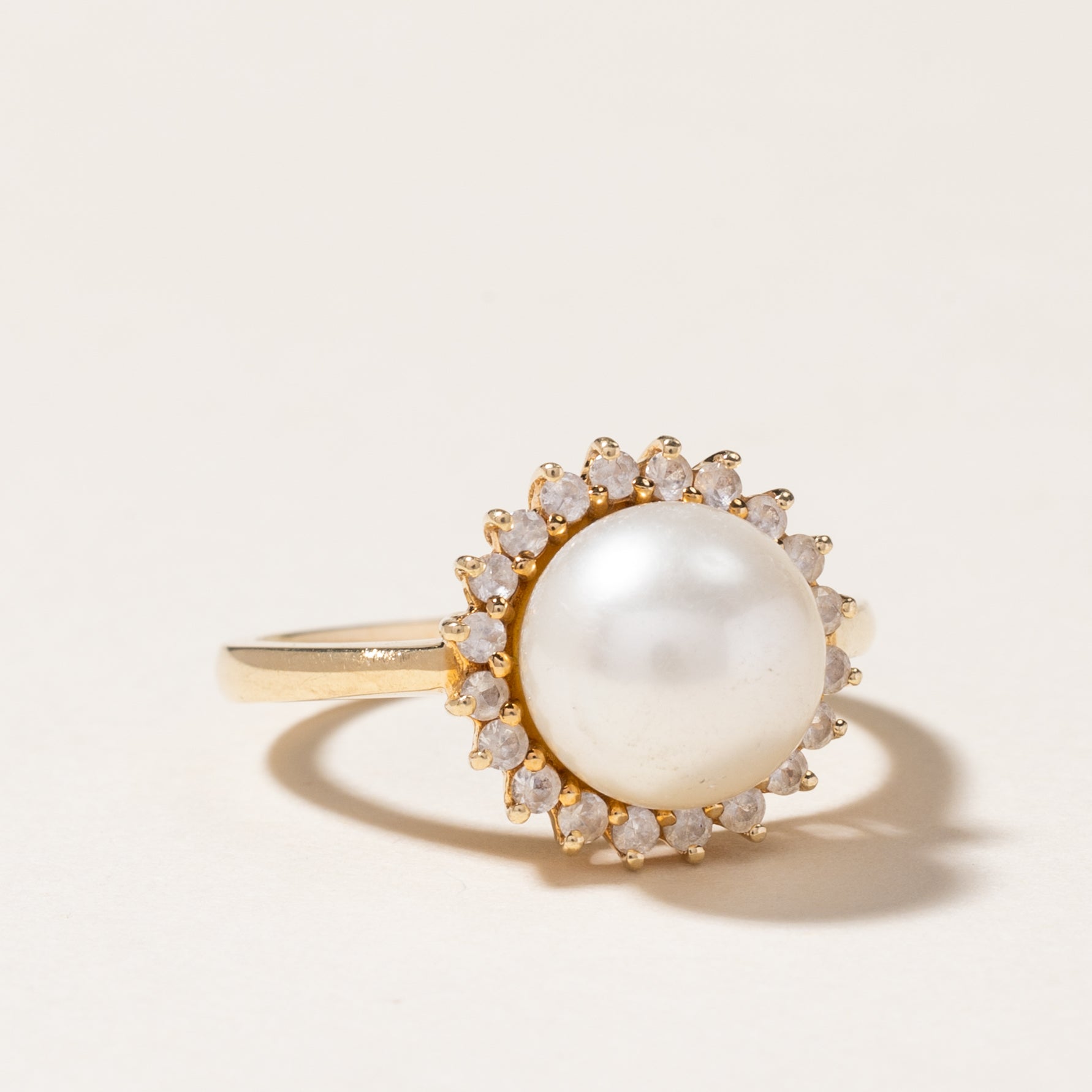 Pearl and White Topaz Petal Ring - 9.00mm, 0.20ctw, Size 6.75 - Elegant Floral Jewelry for Women, Perfect for Weddings, Anniversaries and Special Occasions