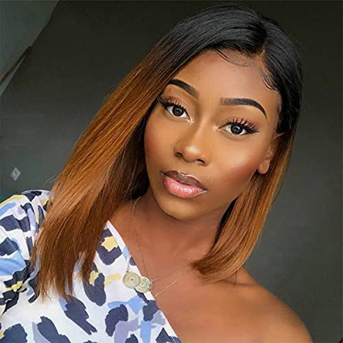 1B/30 Brown Ombre Short Bob Wig - 100% Human Hair Lace Front Wig for Black Women - 13x4 HD Lace - 14 Inch Straight Bob Wigs for Daily Wear & Cosplay