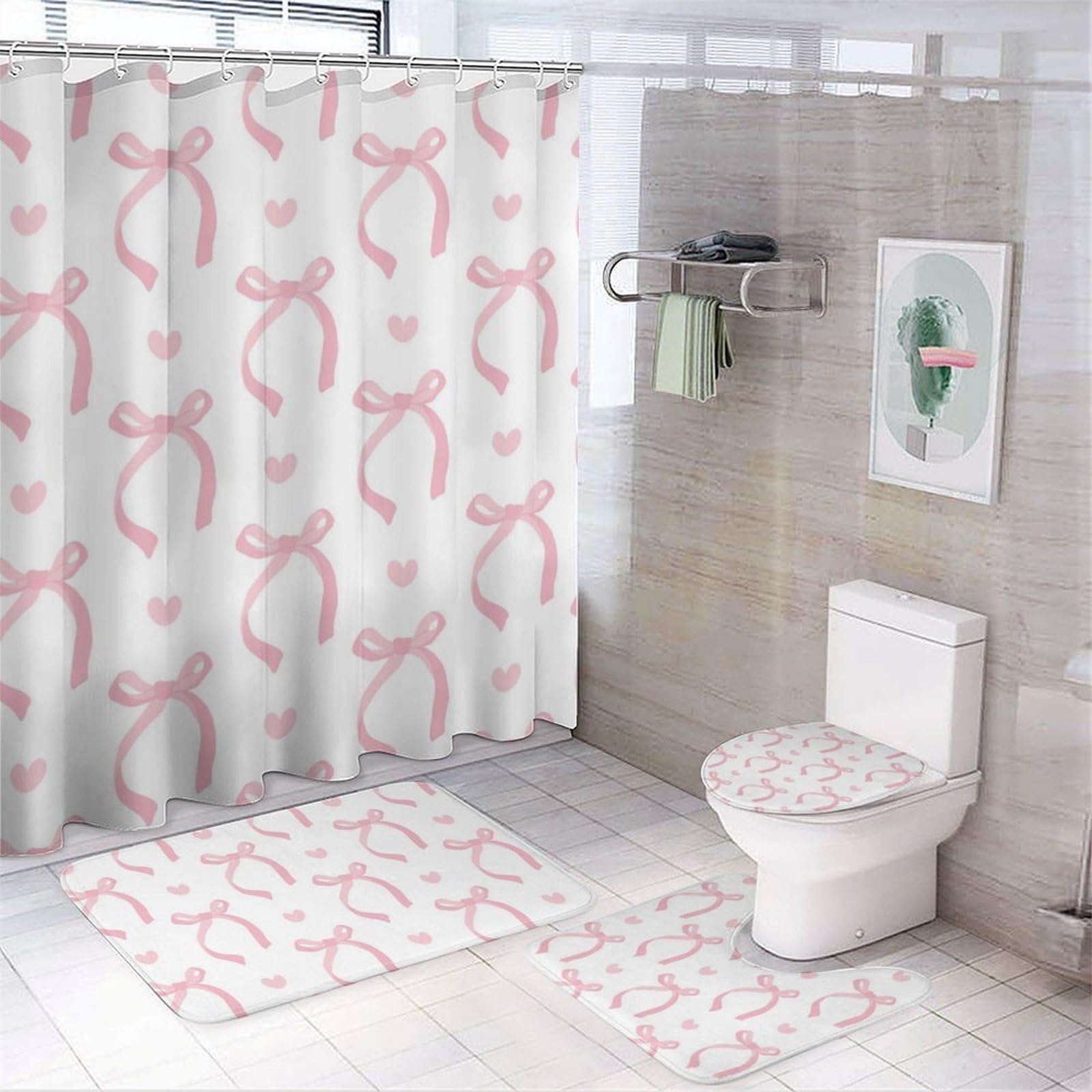 4PCS Pink Ribbon Bow Shower Curtain Set with Non-Slip Bath Mat, Toilet Lid Cover & U-Shaped Rug - 72