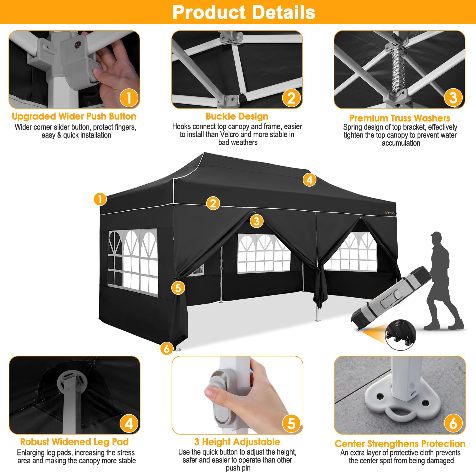 HOTEEL 10x20 Heavy Duty Commercial Pop Up Canopy Tent with Waterproof Sidewalls - UV 50+ Protection & Upgraded Thickened Hexagonal Legs - Includes Roller Bag for Easy Transport - Perfect for Outdoor Weddings, Parties, Events & Camping (Black)