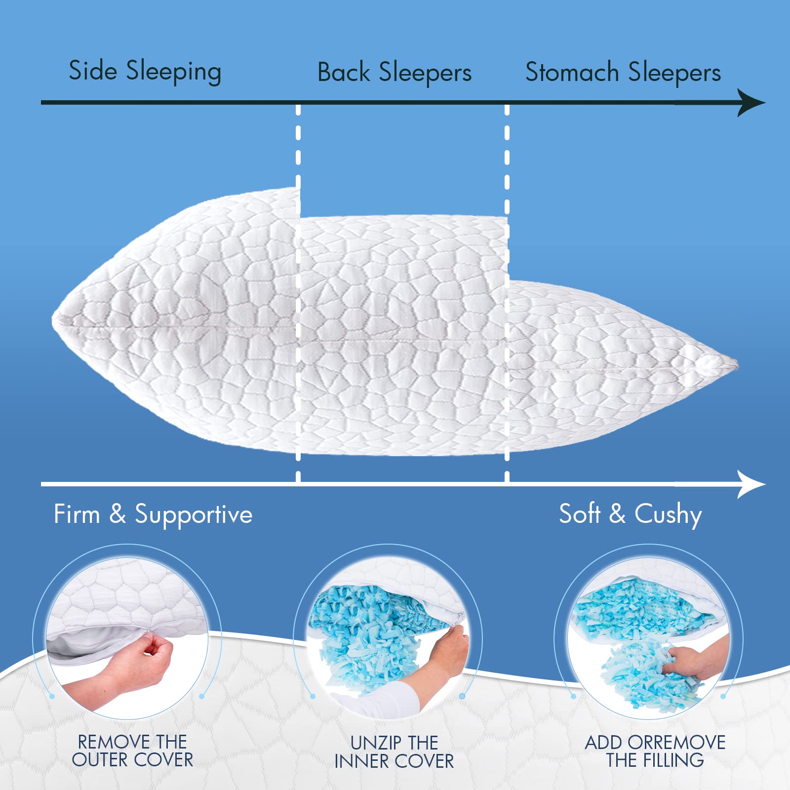 SUPA MODERN Cooling Bed Pillows 2 Pack - Adjustable Shredded Memory Foam Pillows for Side, Back & Stomach Sleepers - Queen Size Luxury Gel Pillows with Washable Cover - Perfect for Hot Sleepers & Night Sweat Relief