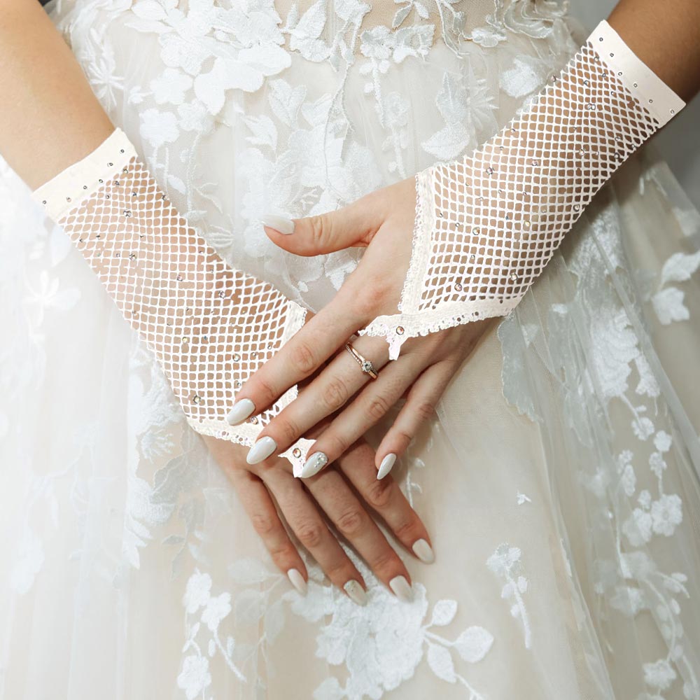 Elegant White Embellished Fishnet Fingerless Gloves for Brides - Perfect for Weddings, Prom, Evening Gowns & Vintage Fashion Accessories