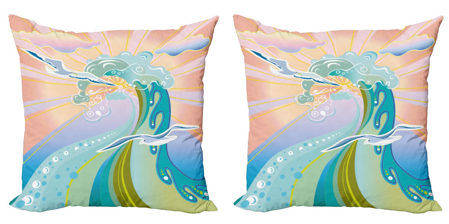 Ambesonne Modern Throw Pillow Covers Set of 2 - 20 Inch Cartoon Wave Bird Foam Bubble Sunset Design Zippered Double-Sided Digital Print Decorative Cushion Covers - Perfect for Living Room Sofa, Bedroom Decor & Home Accents