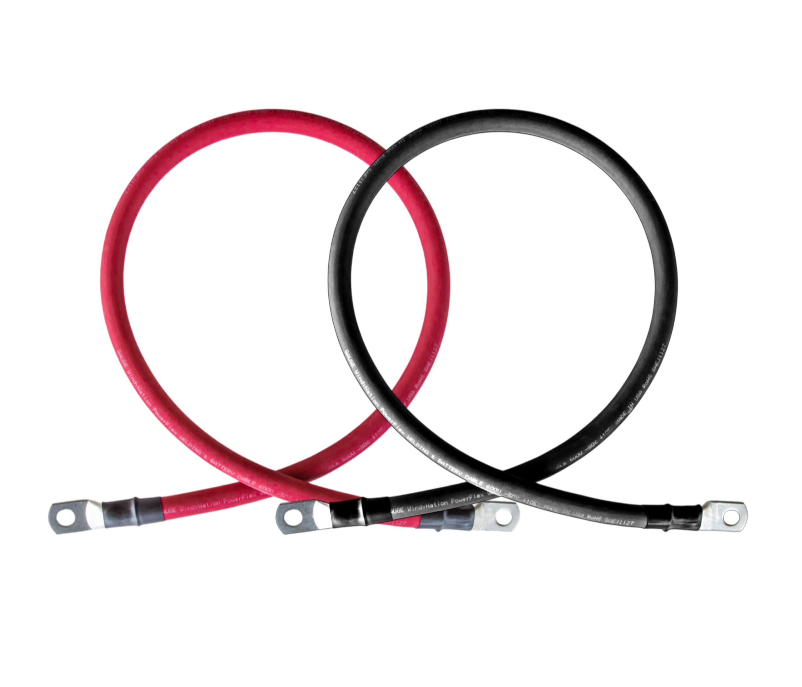 2/0 AWG Red & Black Pure Copper Battery Cables - 2 Feet with 5/16