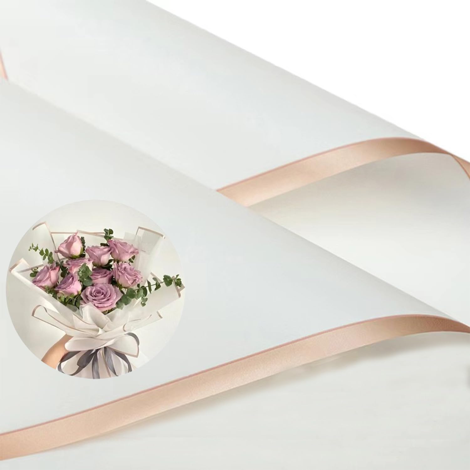 Qopoto 20 Sheets Floral Wrapping Paper with Gold Edges - Waterproof Bouquet Wrapping Paper for Valentine's Day, Weddings, Birthdays & DIY Gift Wrapping (White) - Perfect for Flower Arrangements, Gift Packaging & Special Occasions