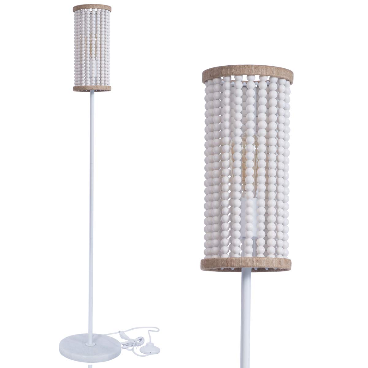 Bohemian Floor Lamp with White Wood Beaded Shade - Modern Boho Lighting for Bedroom, Living Room & Nursery - Perfect for Cozy Reading Nook, Meditation Corner or Girls Room Decor