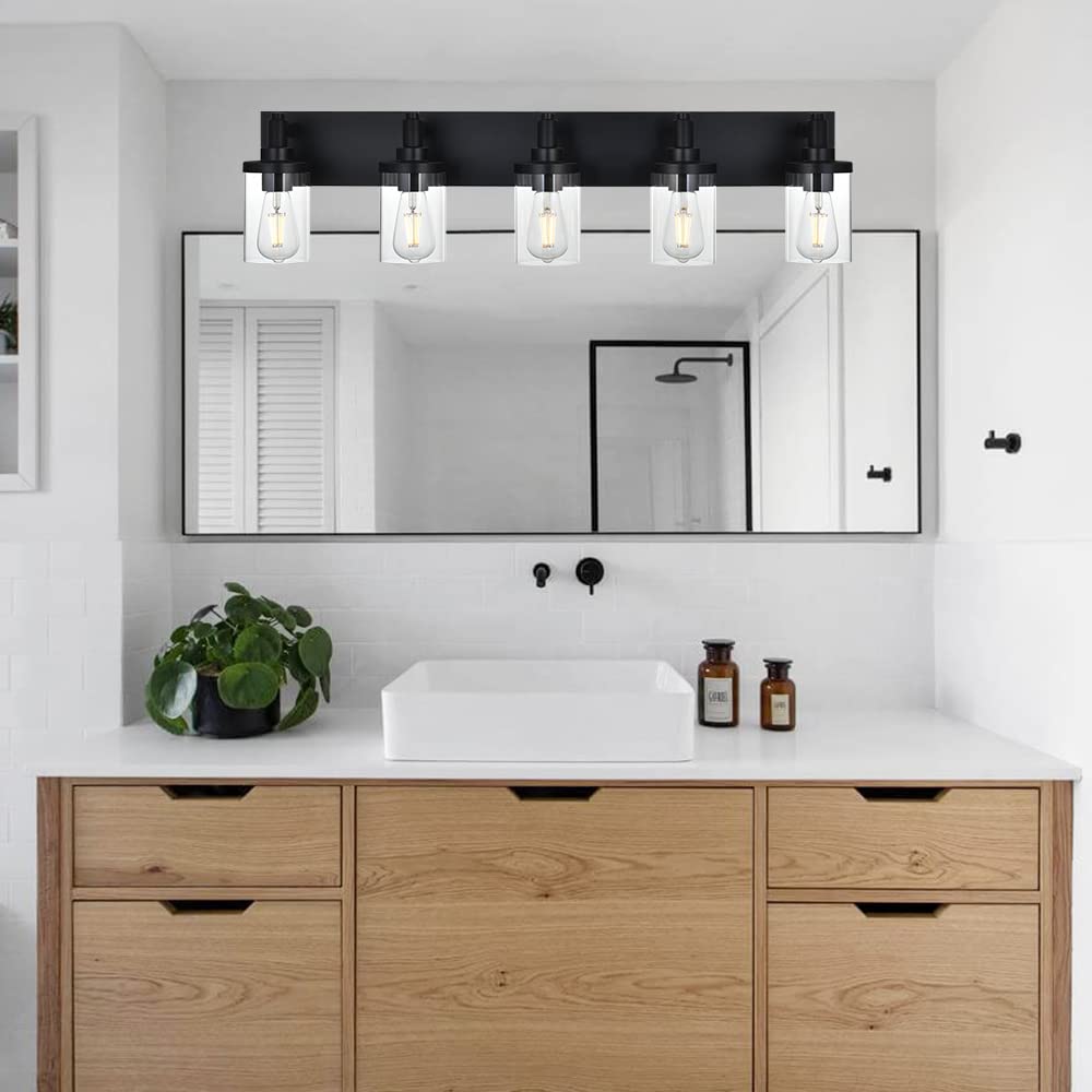 Modern Black 5-Light Bathroom Vanity Lighting Fixture with Clear Glass Shade - E26 Wall Mount Mirror Light for Bathroom, Hallway, Kitchen & Living Room - Perfect for Makeup, Grooming & Ambient Lighting