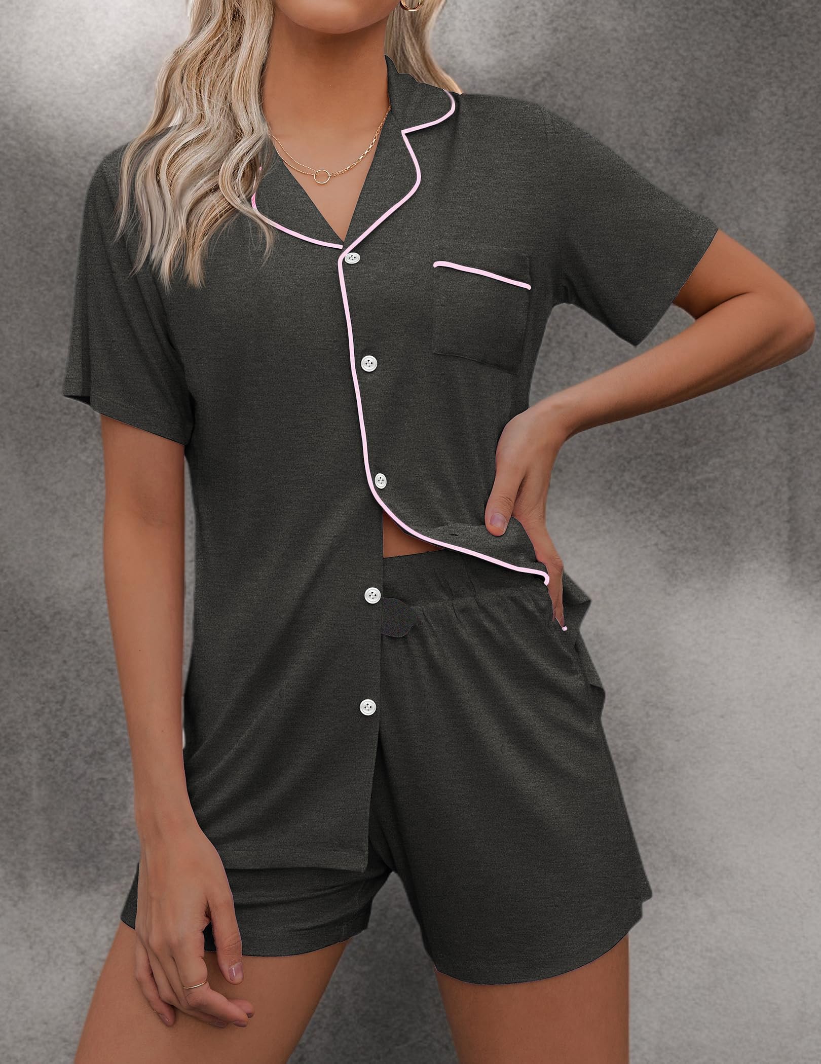 Ekouaer Women's Soft Short Sleeve Pajama Set - 2 Piece Button Down Sleepwear & Lounge Outfit for Comfortable Nights and Relaxing at Home