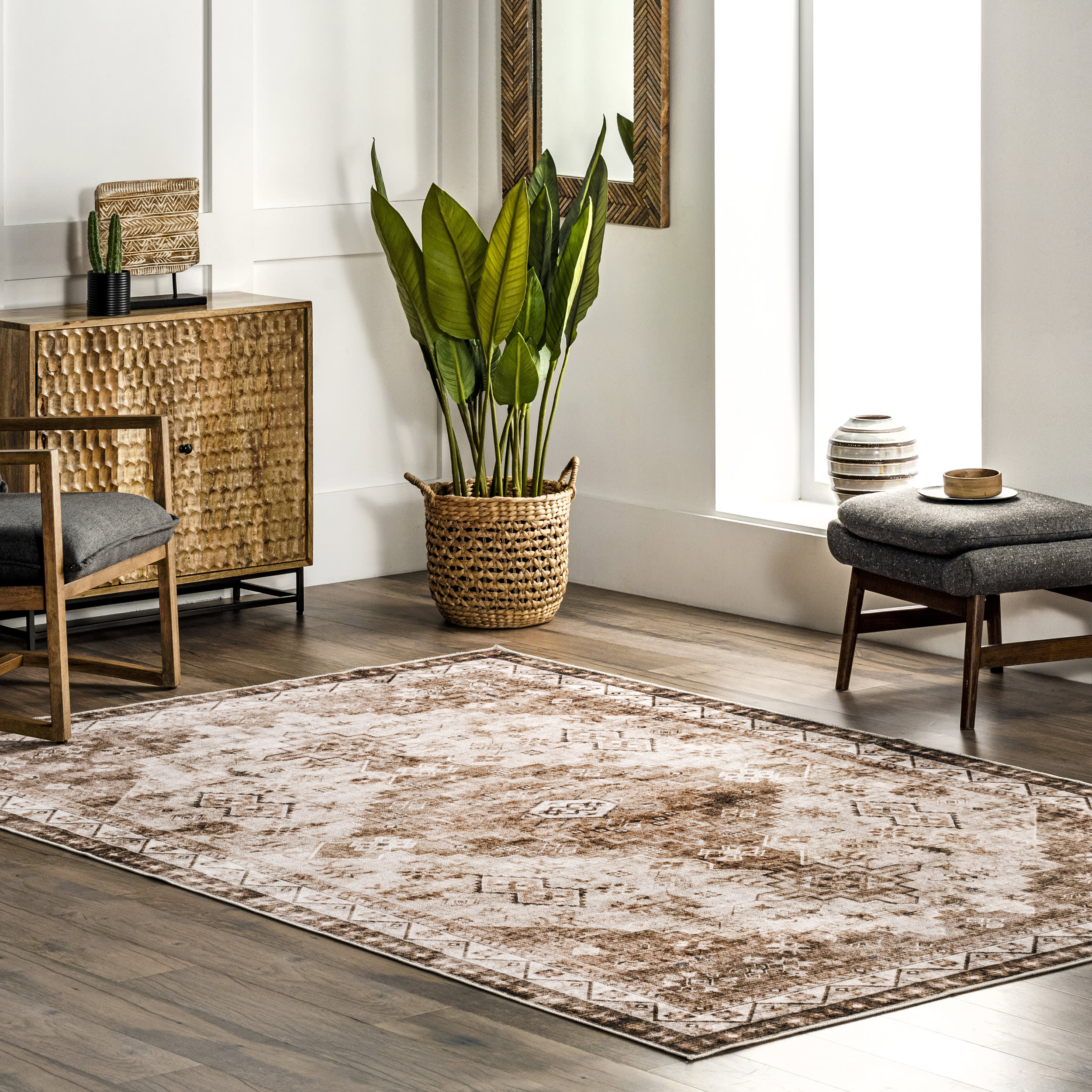 Jessamine Spill Proof Washable Geometric Area Rug - Non-Slip Beige Living Room Rug for Home Decor, Bedroom, Nursery & Office