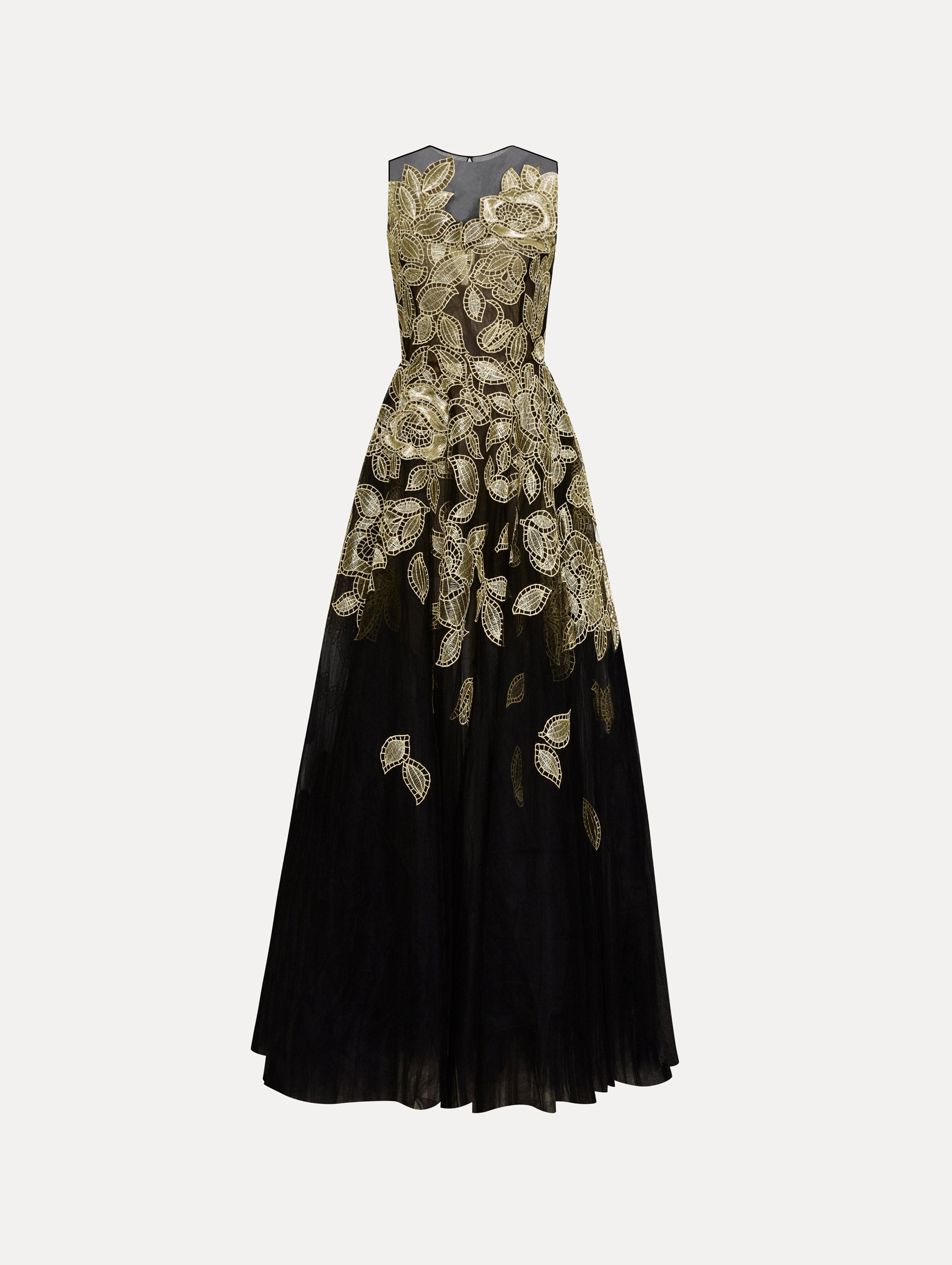 Elegant Gold Foil Rose Appliqué Evening Gown - Perfect for Prom, Wedding, and Formal Events