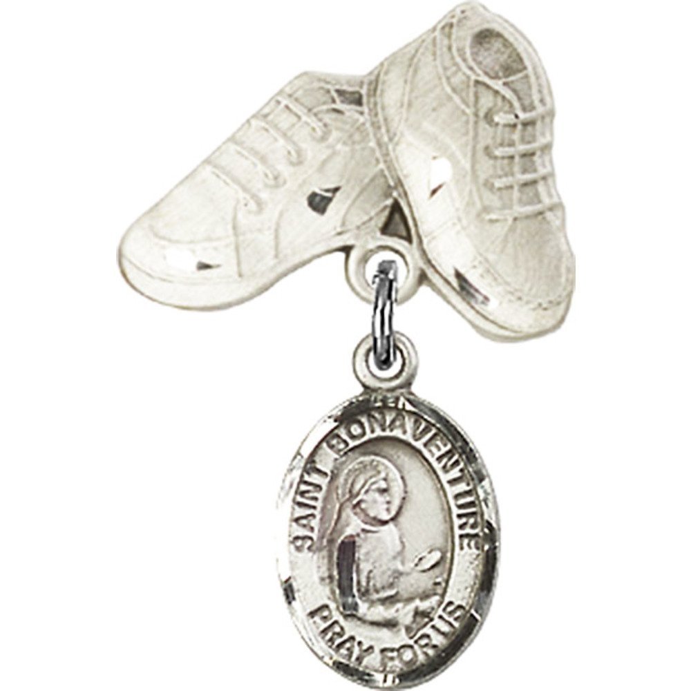 Sterling Silver Baby Badge with St. Bonaventure Charm & Baby Boots Pin - 1 X 5/8 Inch - Perfect for Christening, Baptism, First Communion & Baby Shower Gifts