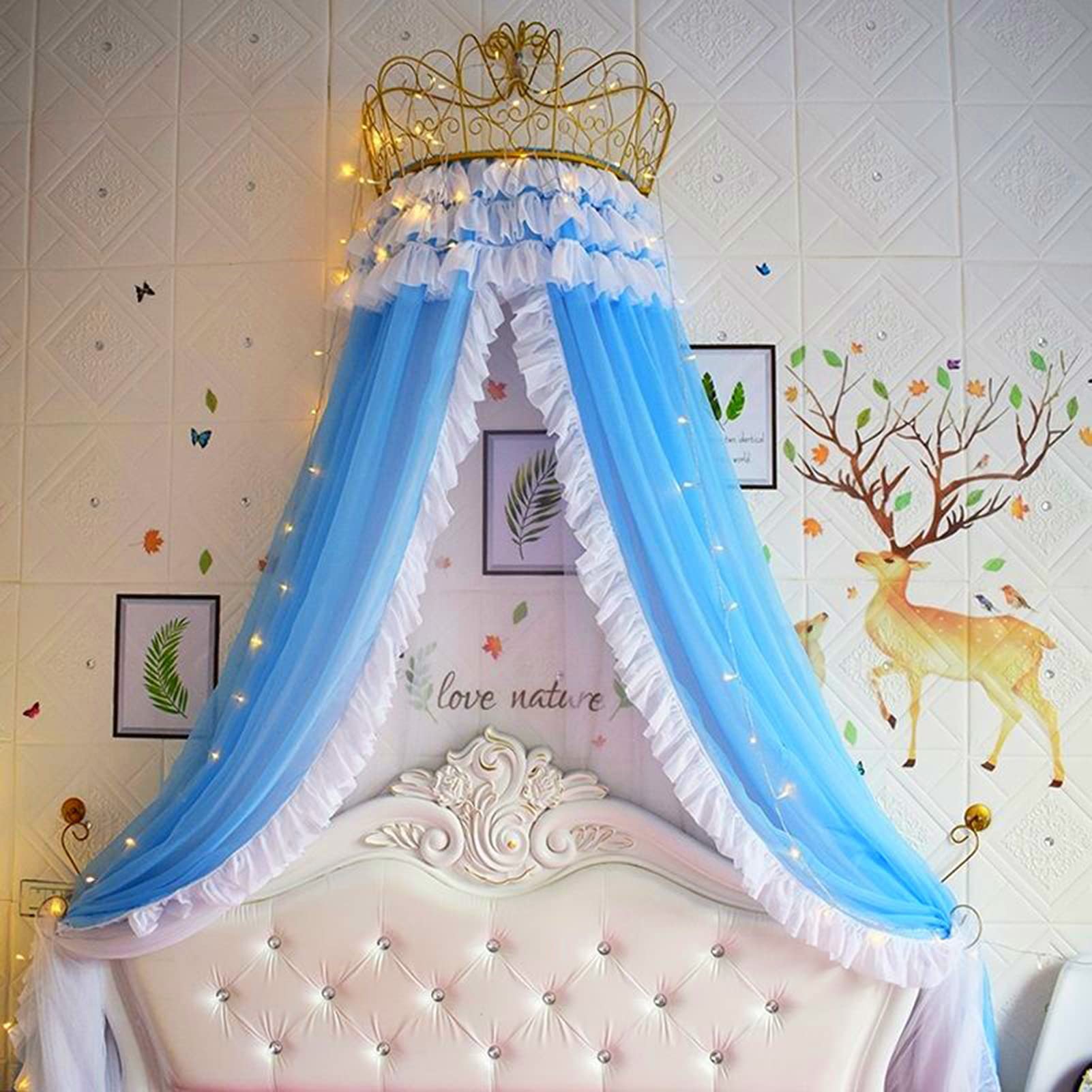 Royal Blue Princess Bed Canopy with LED Lights - Double Layer Lace Bed Curtain for Girls Room, Romantic Hotel-Style Bed Valance, 1.8m/2m (6ft/6.6ft) - Perfect for Birthday Decor, Nursery, Sleepover Parties & Dreamy Bedroom Makeovers