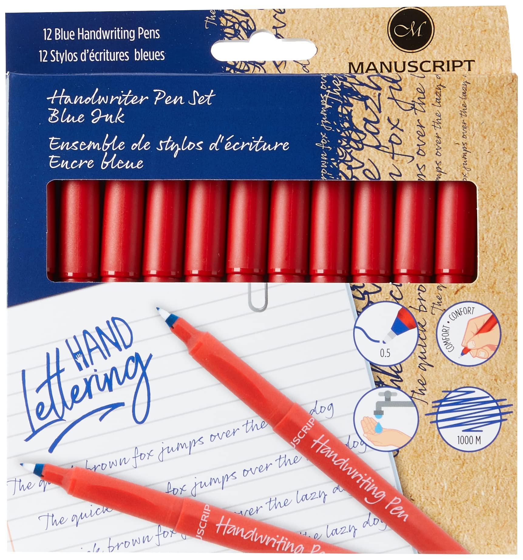 Manuscript Pen Company MANUSCRIPT Handwriting Pens Blue Ink - 12 Pack Premium Calligraphy Pens for Journaling, Note Taking & Letter Writing - Smooth Writing Experience for Students, Artists & Office Use