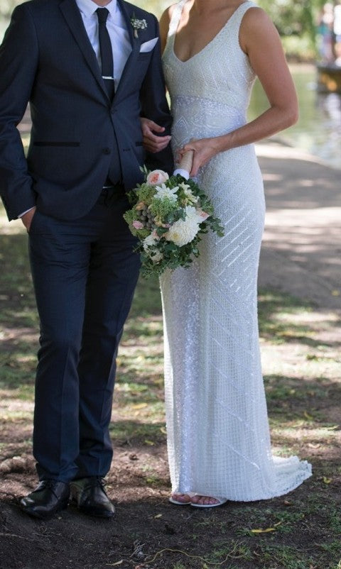 Theia Caitlin 890062 Elegant Lace Wedding Gown with Long Train - Perfect for Bridal Ceremonies, Vow Renewals & Formal Events