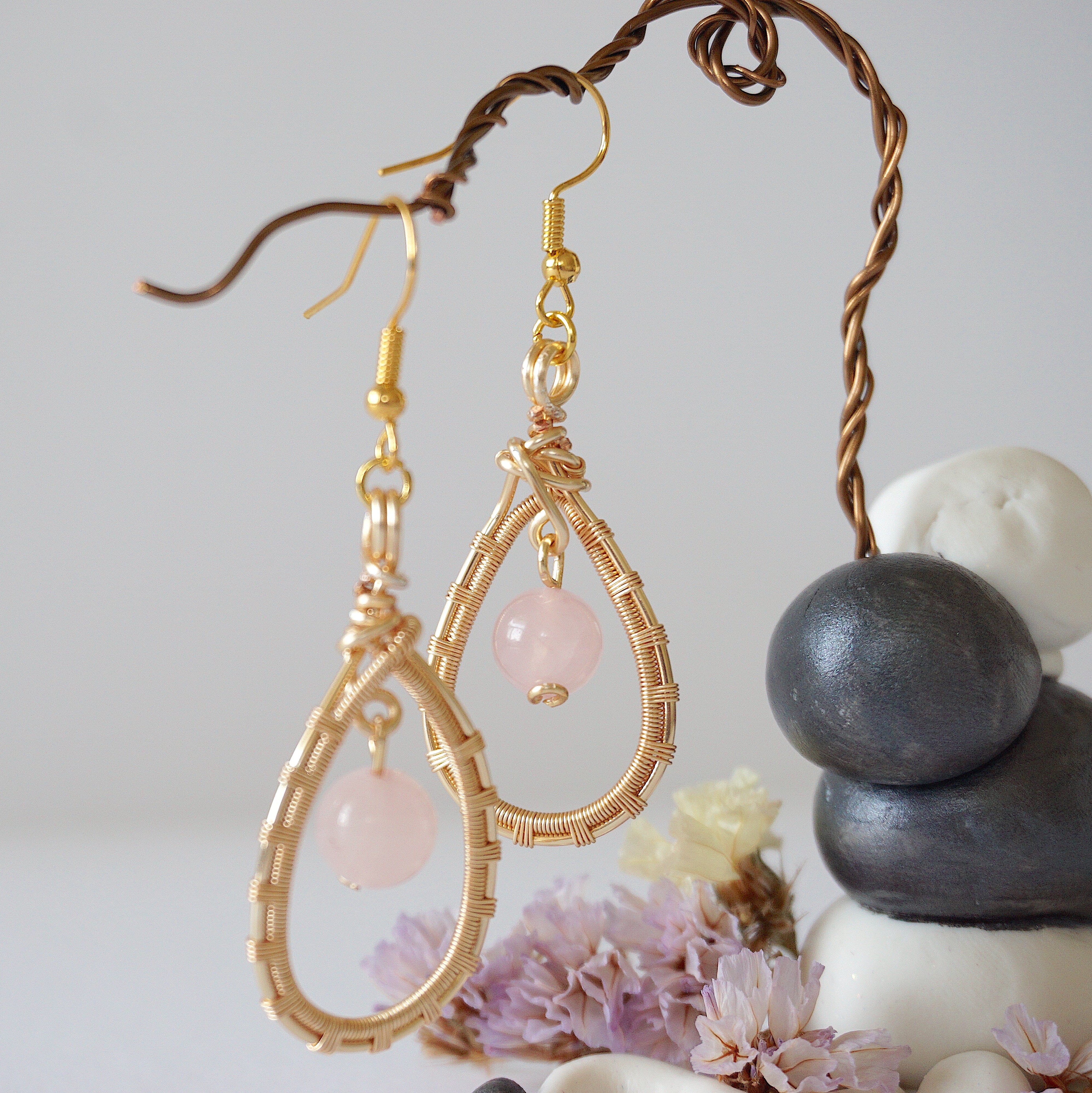 Rose Quartz Round Wire Earrings - Gold Plated Dangle Earrings for Women, Healing Crystal Jewelry Gift for Mom, Wife, Girlfriend - Perfect for Valentine's Day, Birthday & Everyday Wear