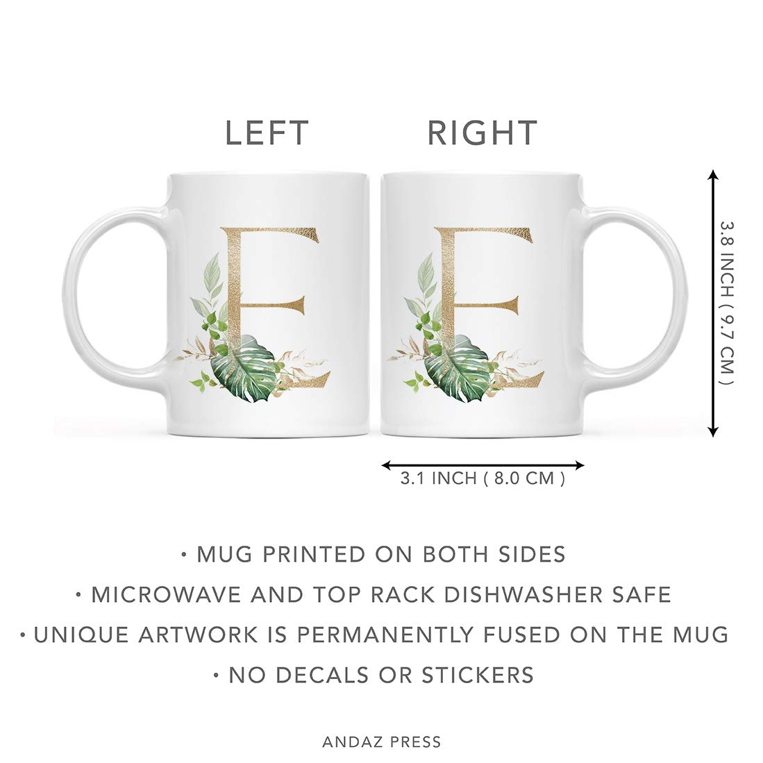 Andaz Press 11oz Ceramic Coffee Mug with Gold Monogram Letter E & Green Palm Leaves - Tropical Themed Tea Cup for Birthday, Bridesmaid Gift, Christmas - Perfect for Home, Office, or Gift Giving