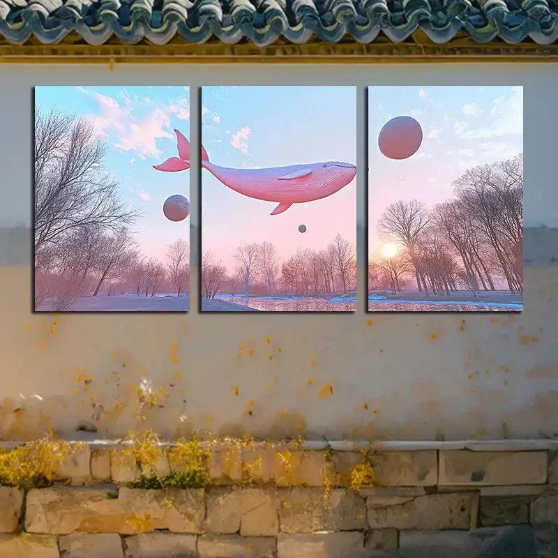 3-Piece Pink Anomalies Whale Canvas Wall Art Set - Framed 50x70cm High Quality Print - Australian Made Ready to Hang Wall Decor for Living Room, Bedroom & Office