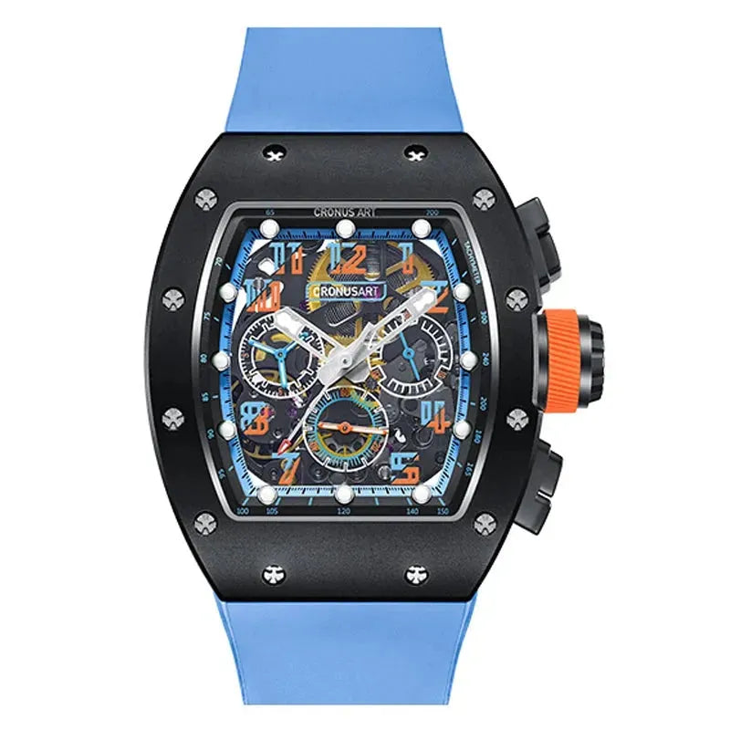 Premium CRONUSART Men's Automatic Chronograph Watch - Luxury Tonneau Skeleton Dial Mechanical Wristwatch with Luminous Hands & Fluororubber Strap - Perfect for Business, Formal Events & Luxury Gift Giving