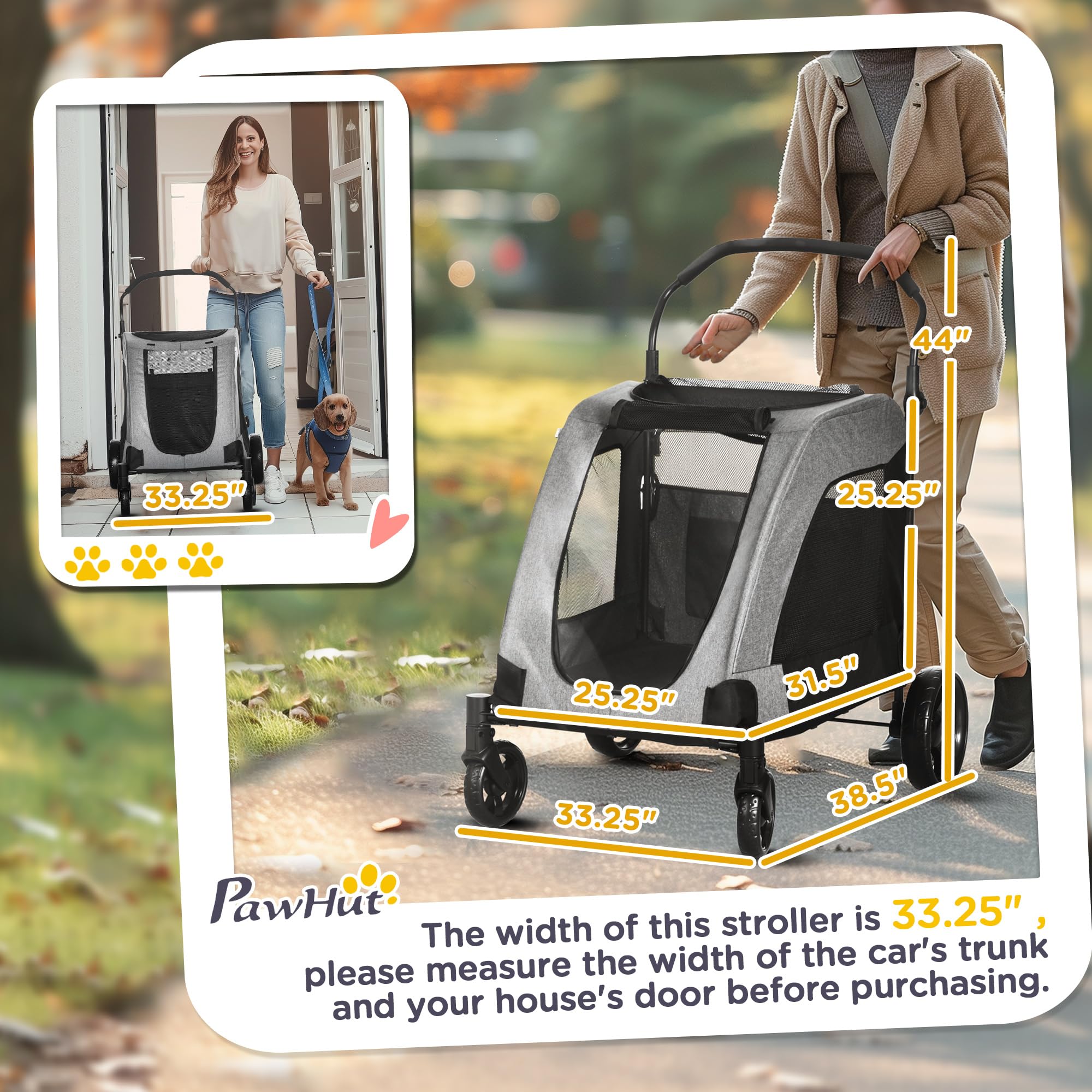 PawHut 4-Wheel Folding Dog Stroller for Medium & Large Dogs - Universal Wheels, Storage Basket & Safety Leash - Gray Pet Carrier for Walking, Shopping & Outdoor Adventures