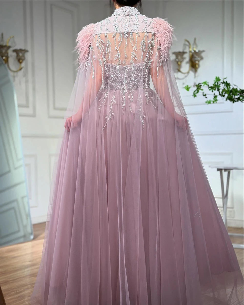 Luxury Dubai Arabic Beige A-Line Feather Cape Beaded Saudi Evening Gown for Formal Occasions - Elegant Wedding, Gala & Red Carpet Dresses LA72722