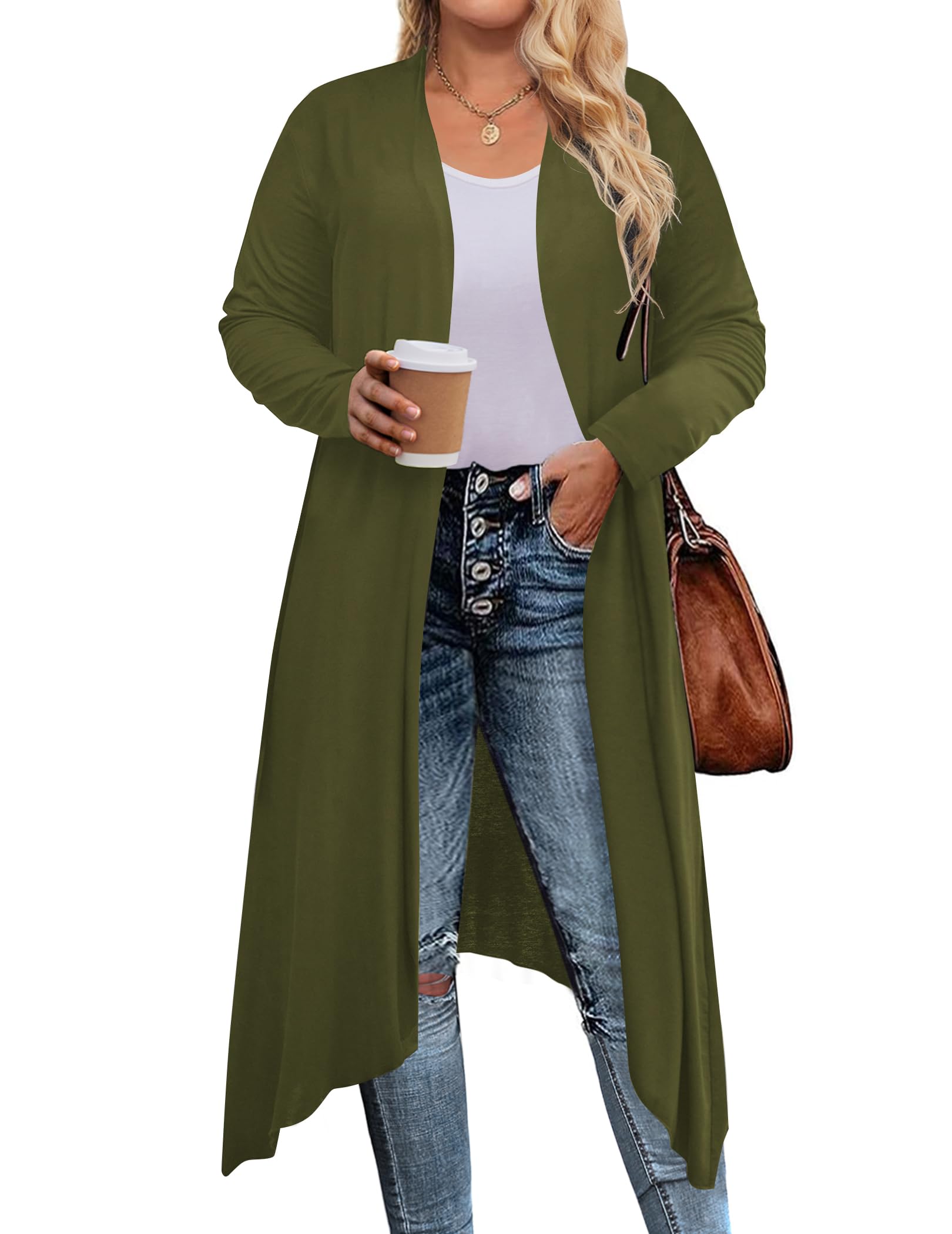 IN'VOLAND Plus Size Women's Long Sleeve Open Front Lightweight Duster Cardigan (Sizes L-5XL) - Perfect for Office, Casual Wear & Layering in Fall/Winter