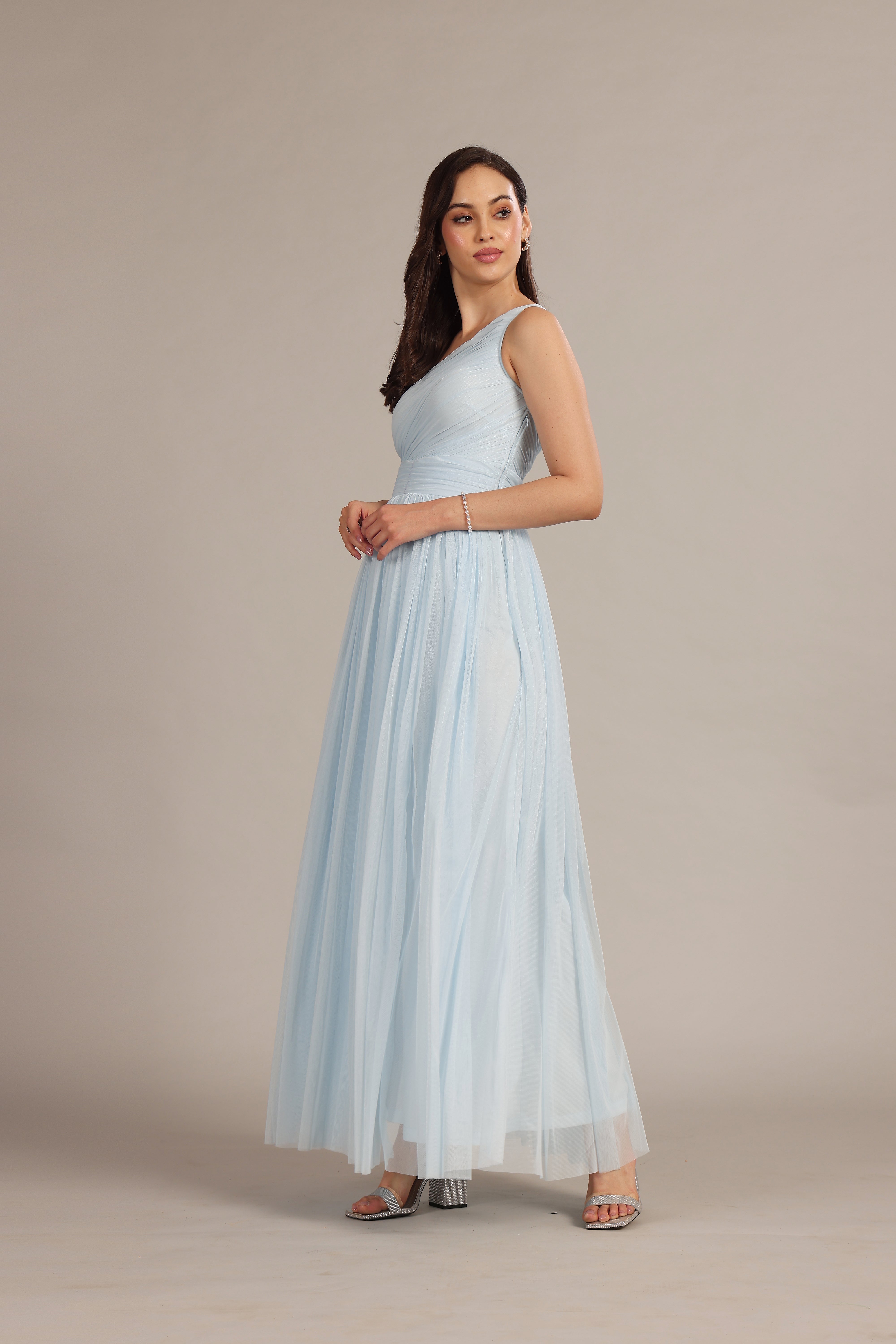 Elegant One Shoulder Maxi Dress in Soft Powder Blue - Perfect for Beach Weddings, Summer Parties & Evening Events